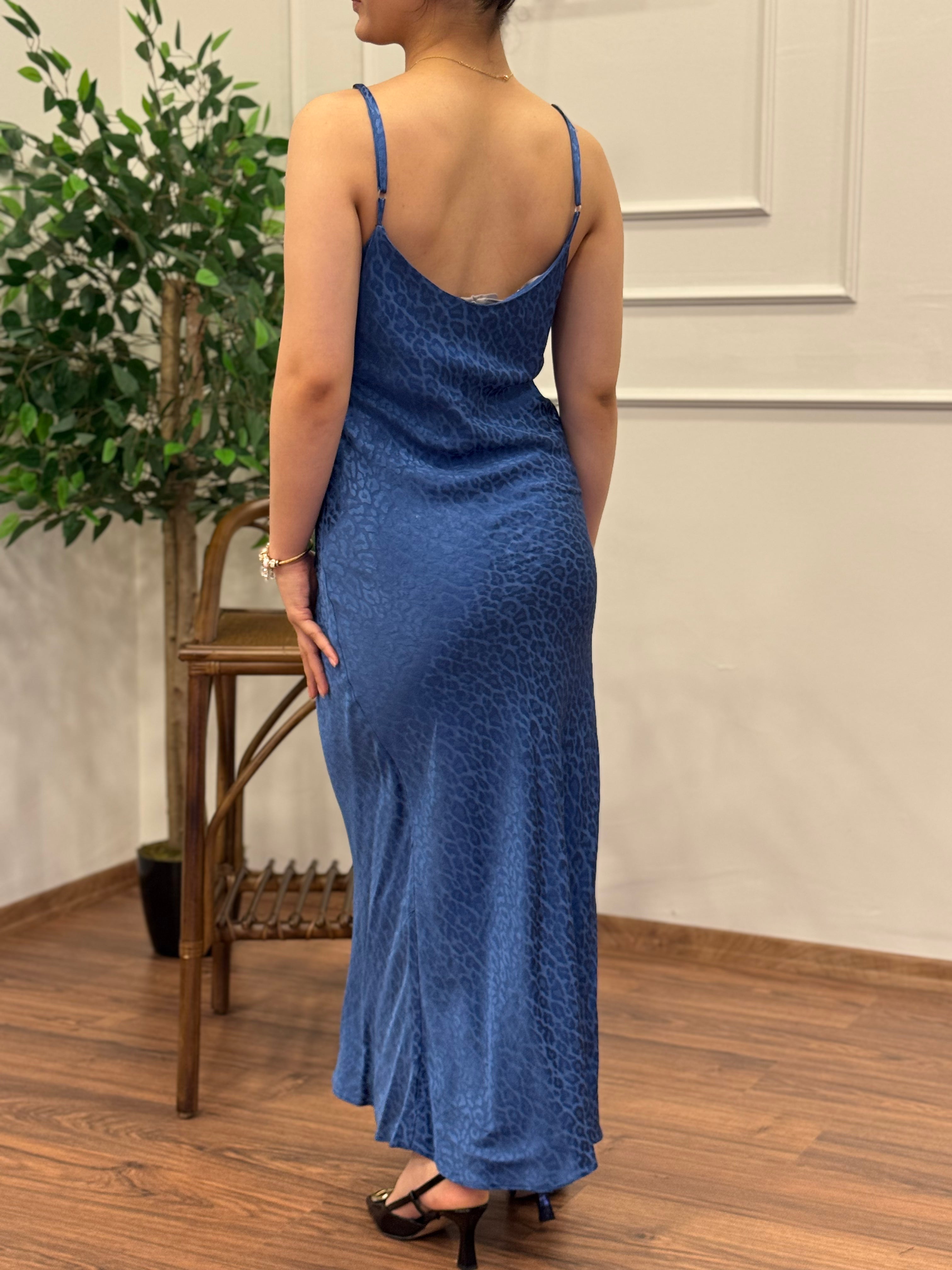 Saten Leopar Desen Lacivert Elbise