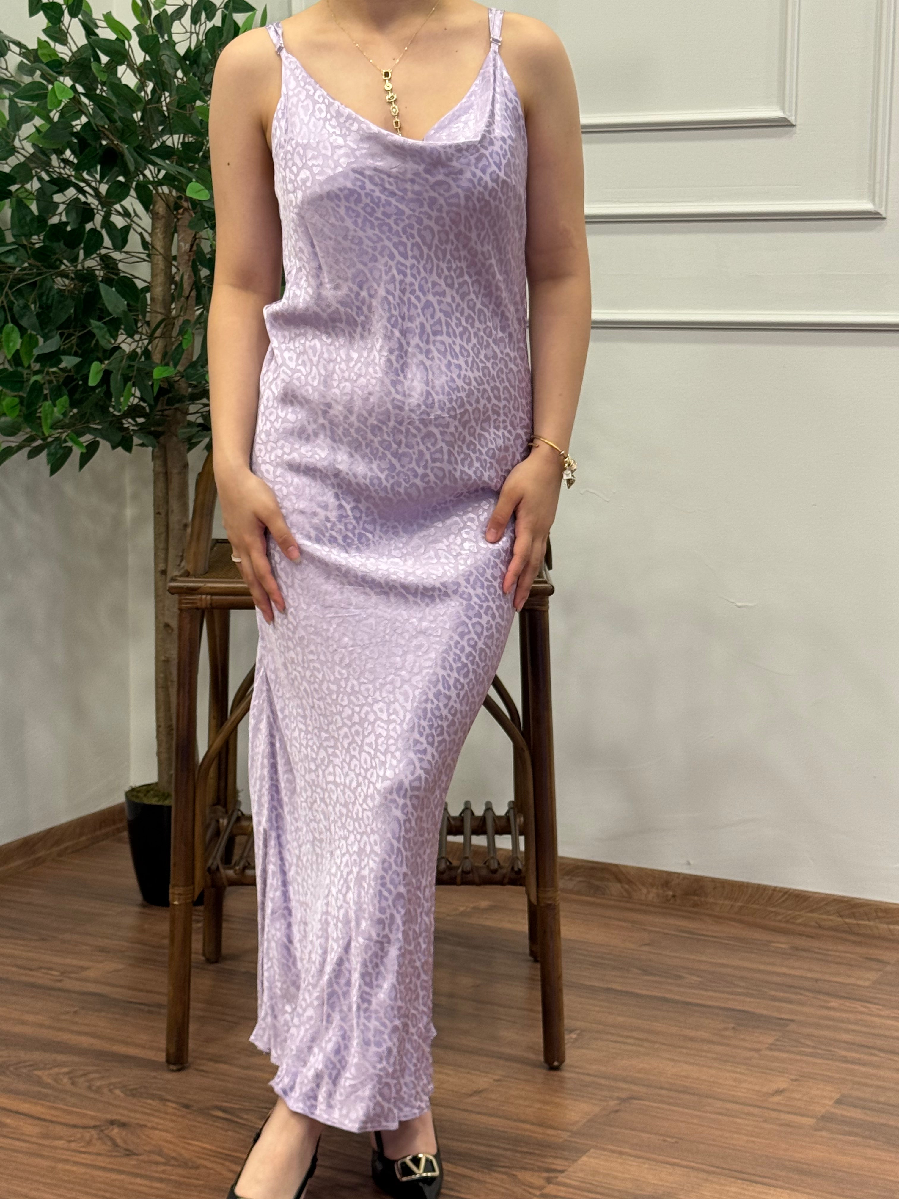 Saten Leopar Desen Açık Mor Elbise