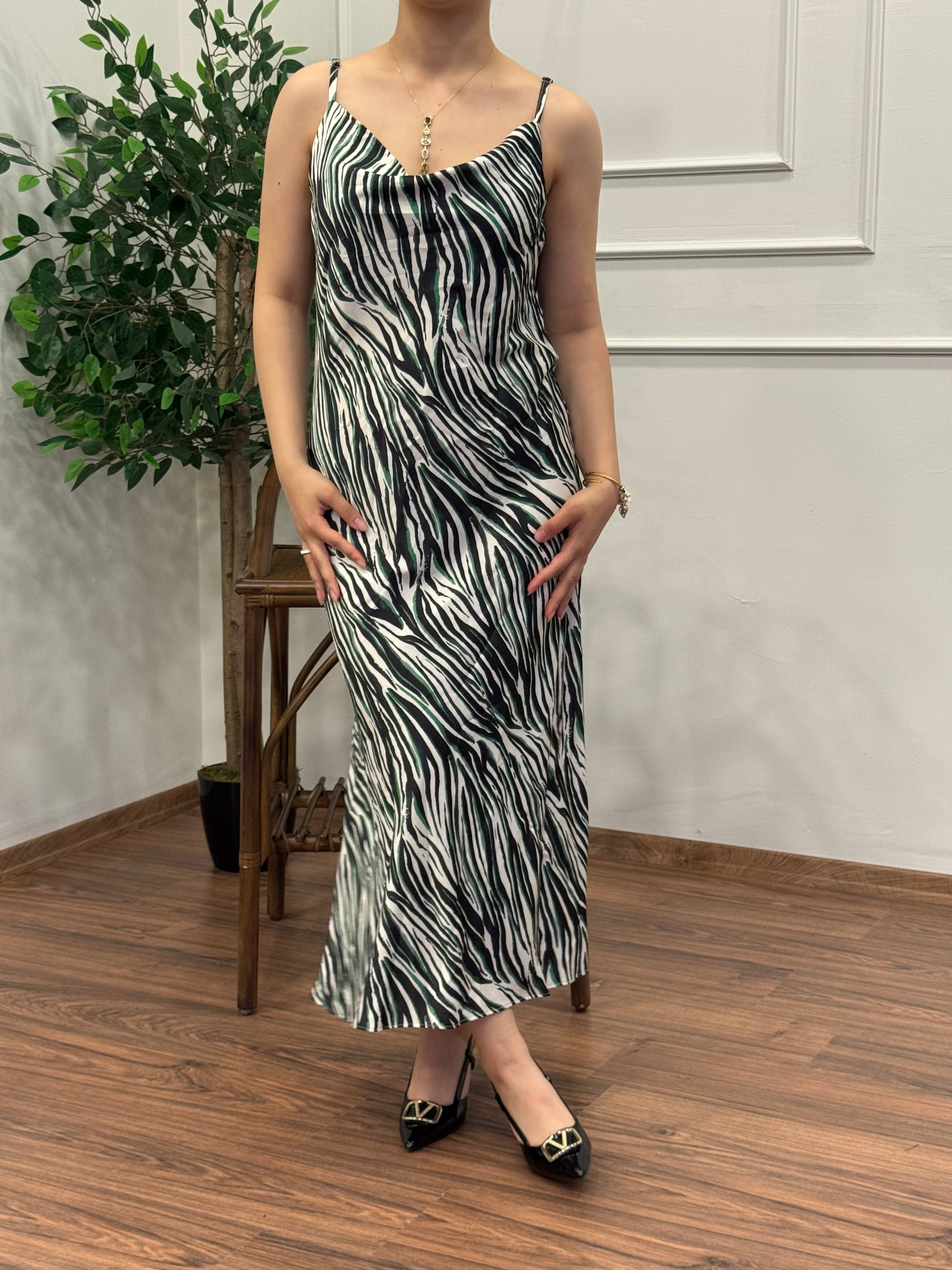 Zebra Desen Saten Yeşil Elbise