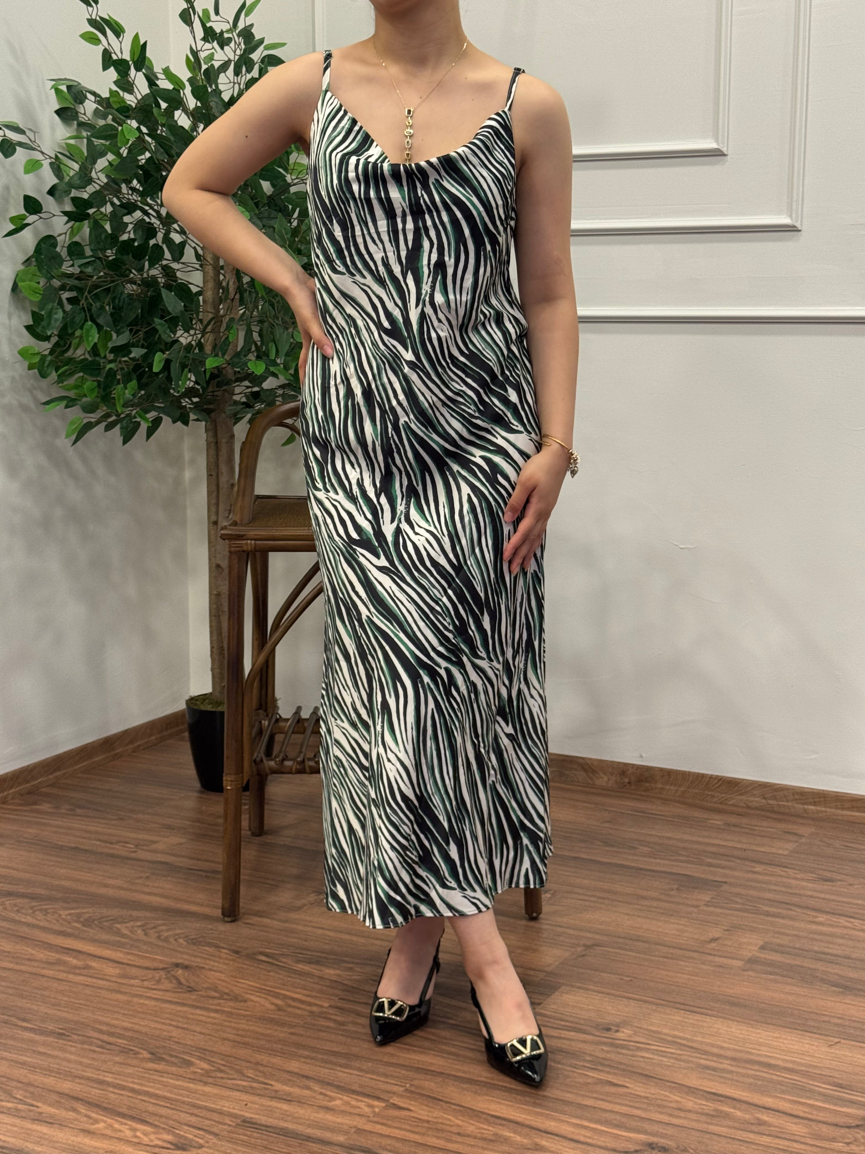 Zebra Desen Saten Yeşil Elbise