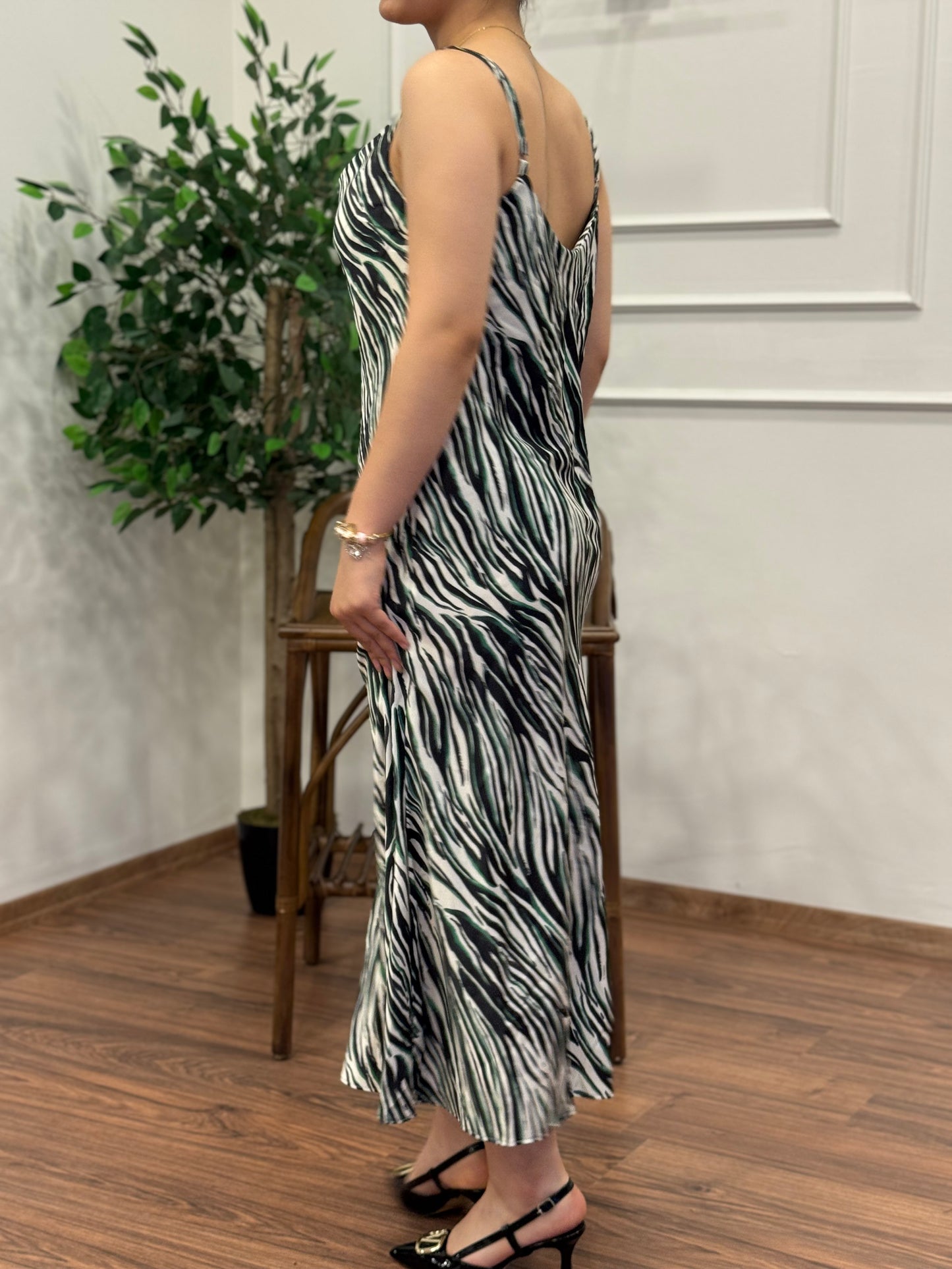 Zebra Desen Saten Yeşil Elbise