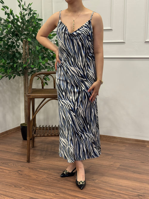 Zebra Desen Saten Lacivert Elbise