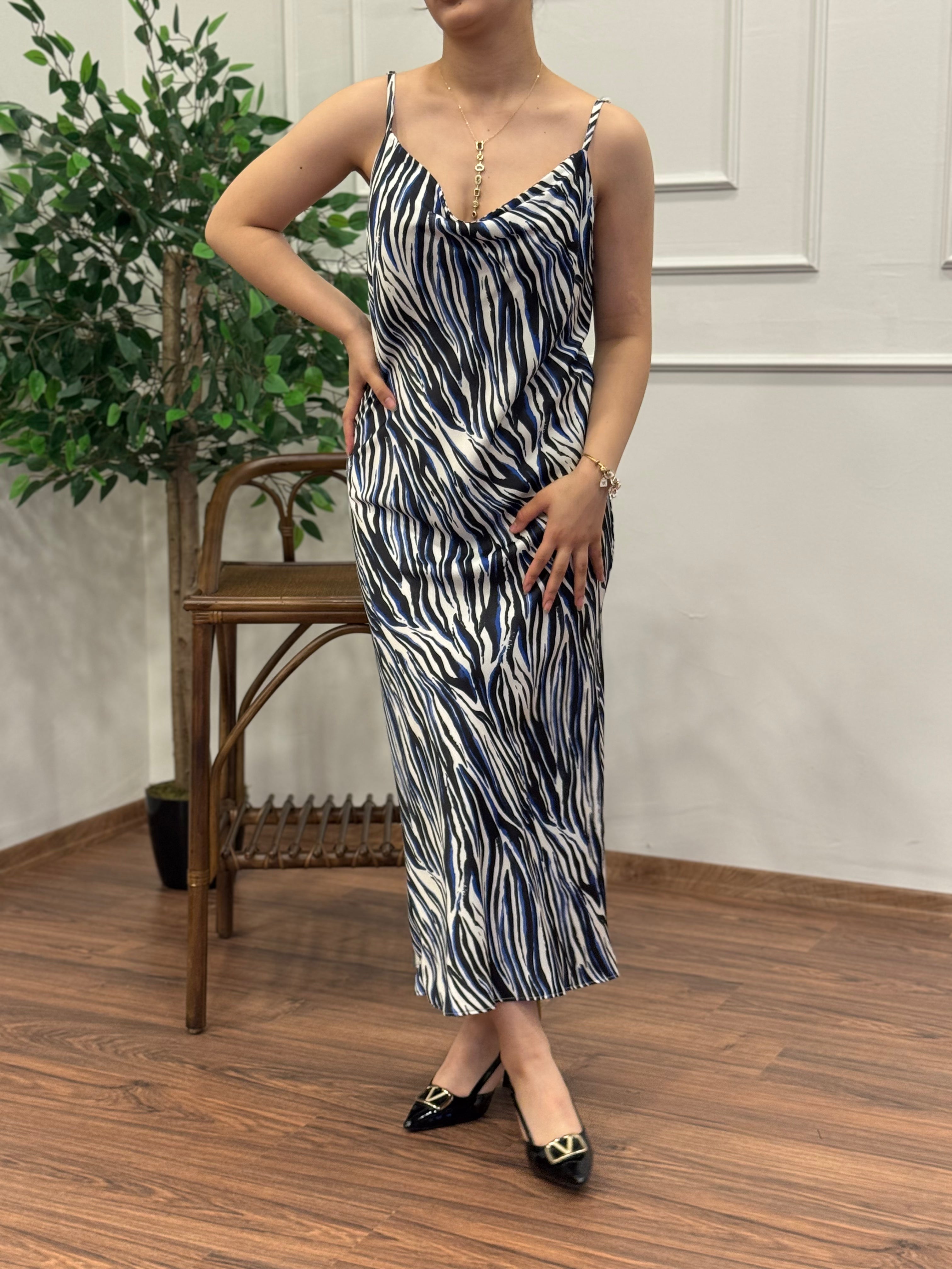 Zebra Desen Saten Lacivert Elbise