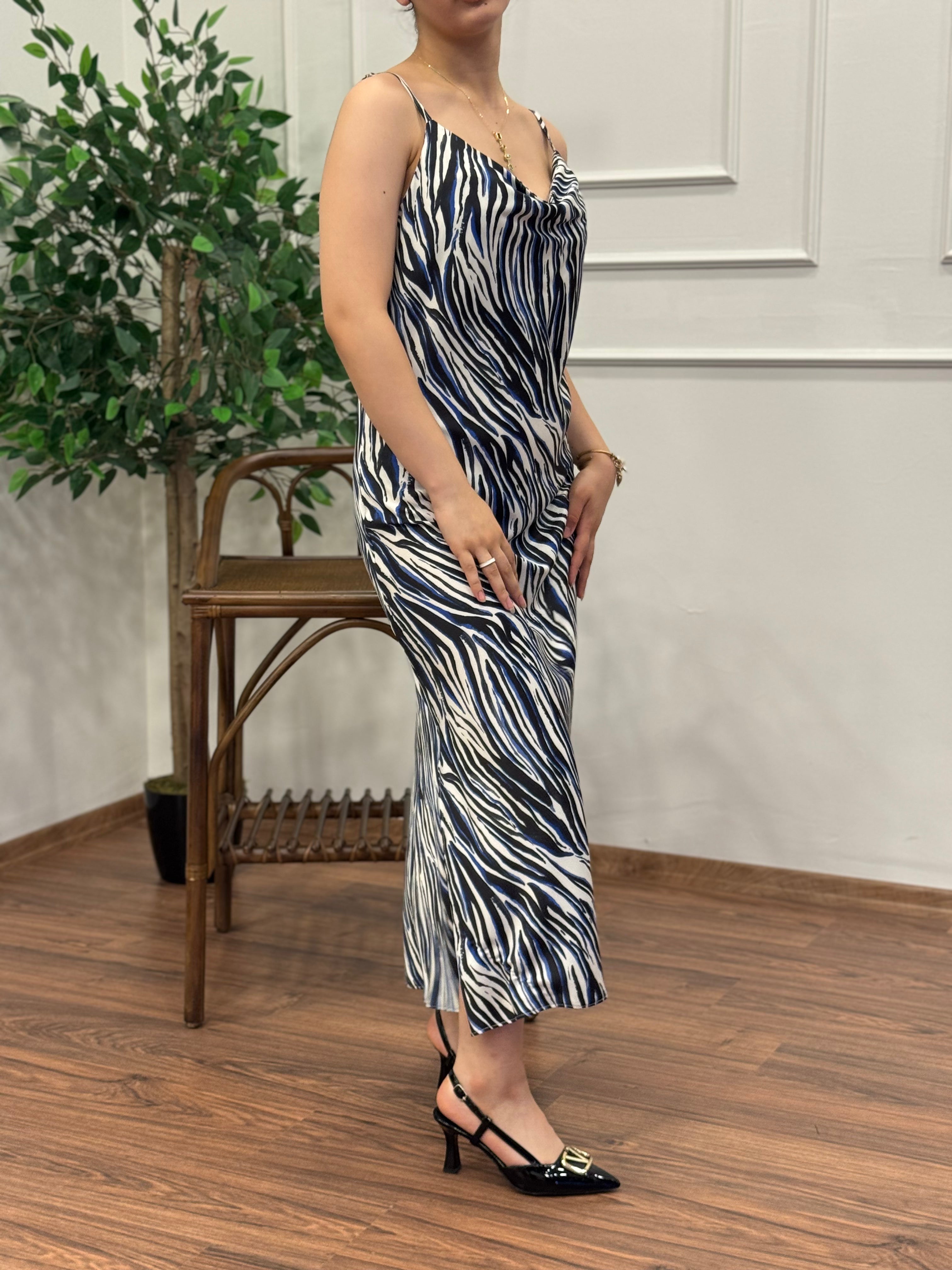 Zebra Desen Saten Lacivert Elbise
