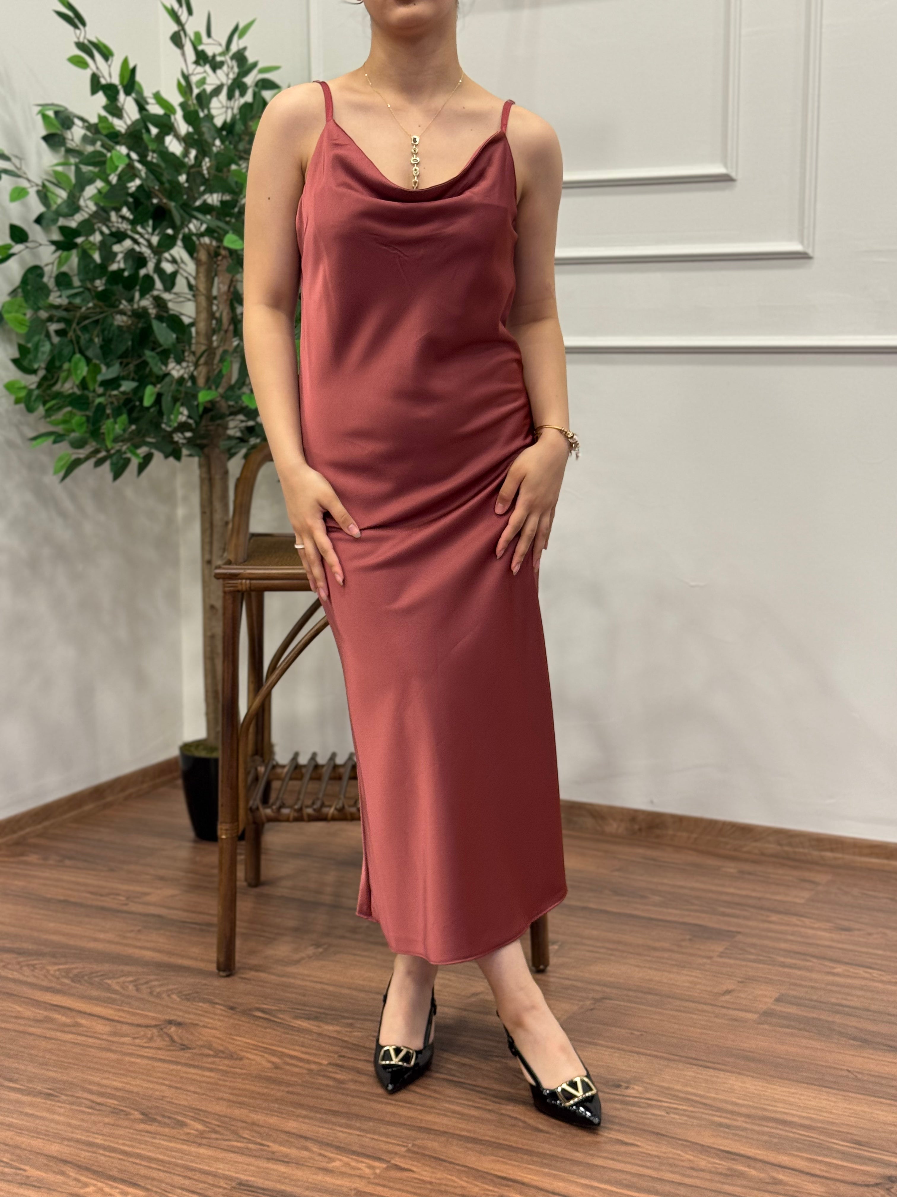 Saten İp Askılı Kahve Elbise