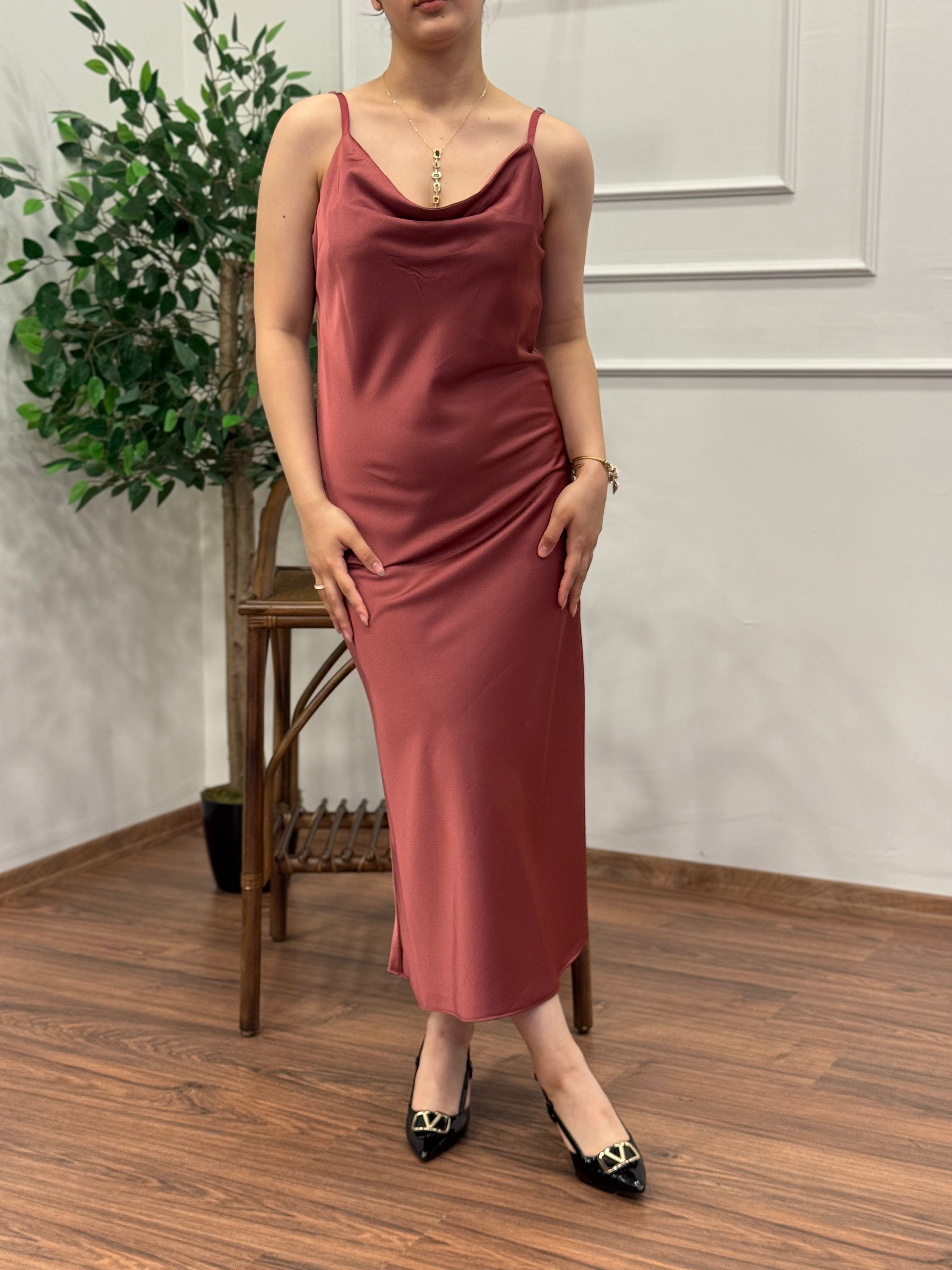 Saten İp Askılı Kahve Elbise