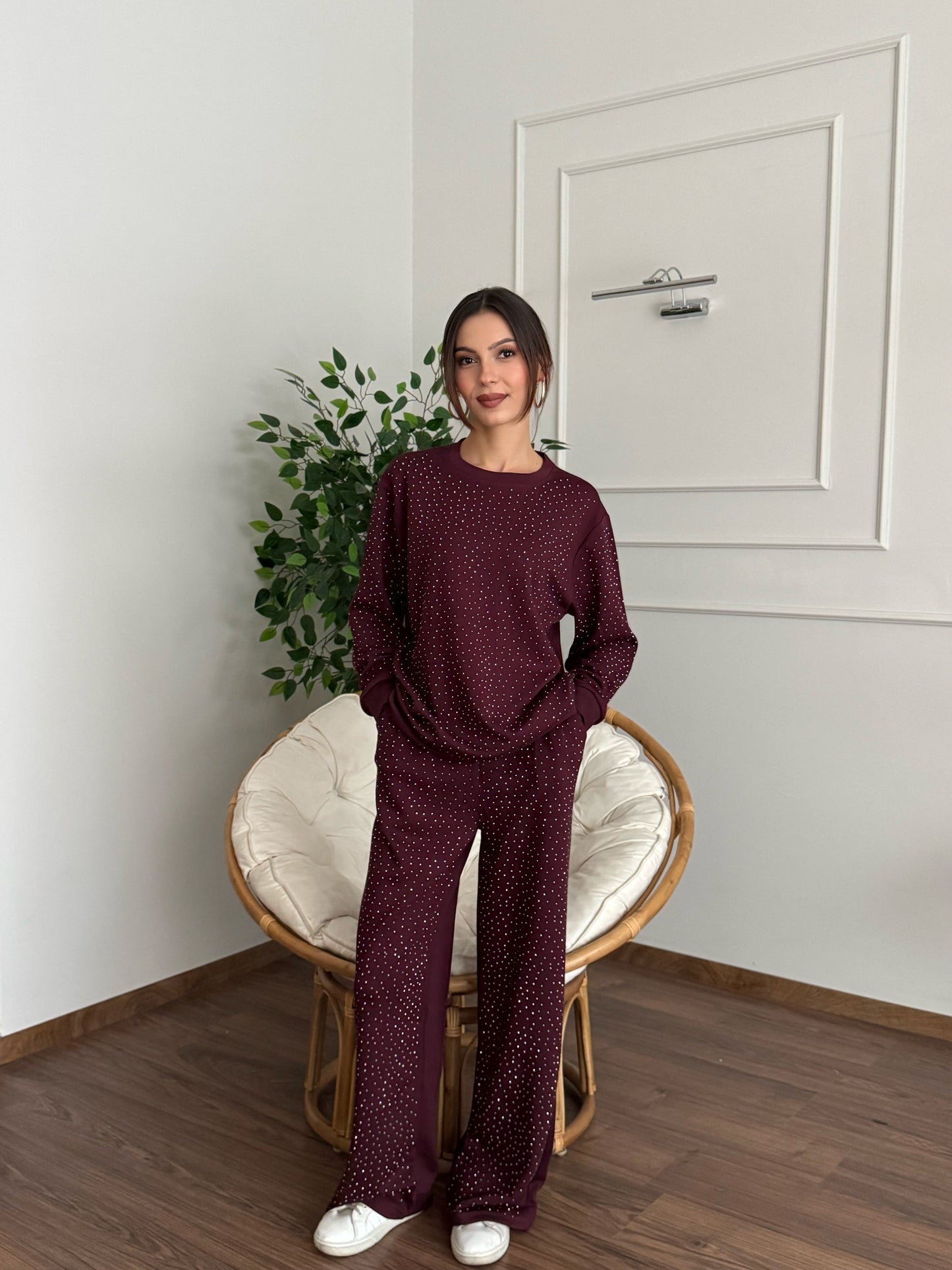 Serpme Taş Baskı Modal Kumaş Bordo Takım