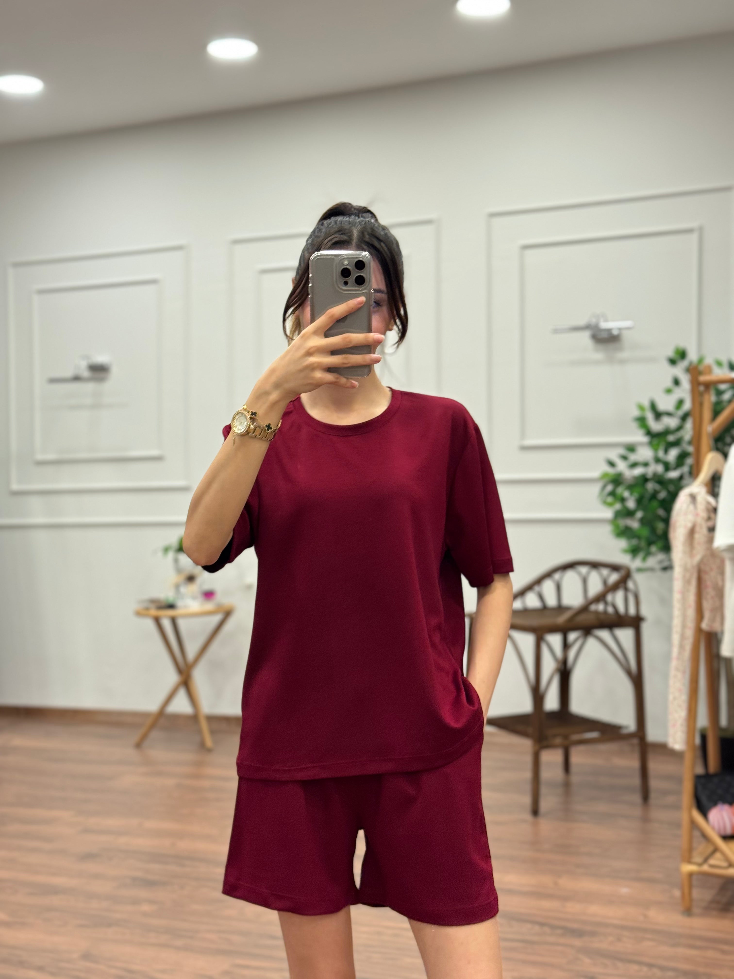 Modal Kumaş Oversize Bluz Şortlu Takım Bordo