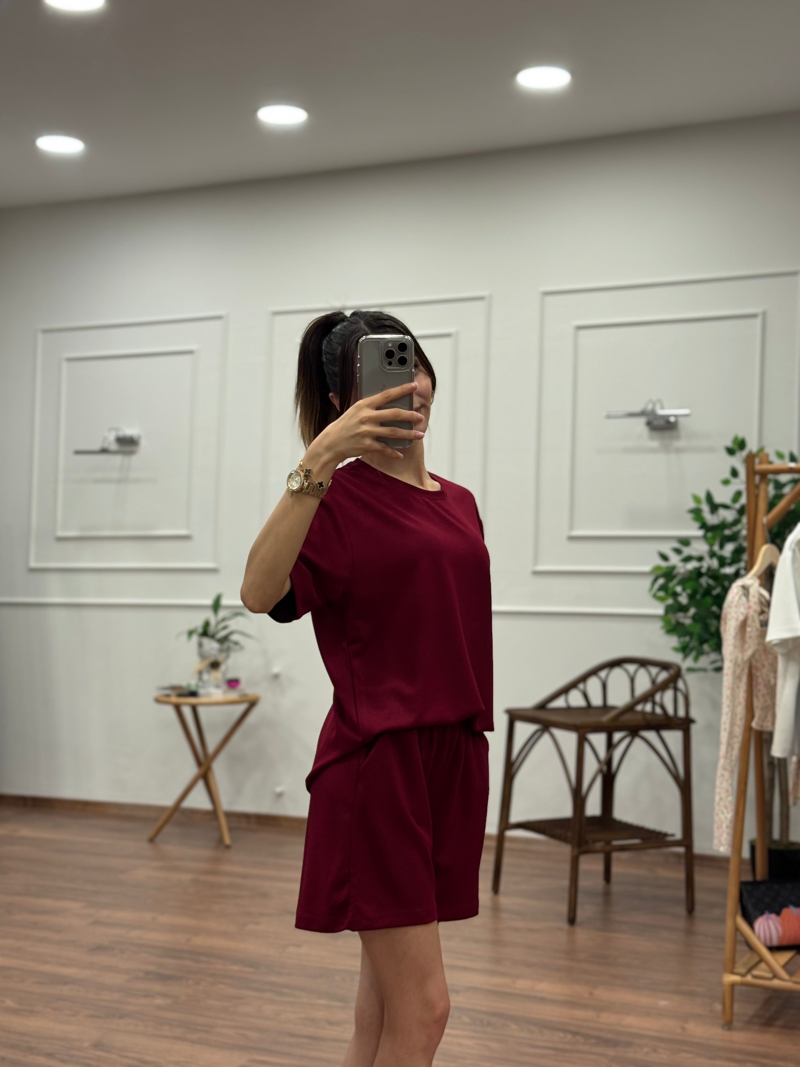 Modal Kumaş Oversize Bluz Şortlu Takım Bordo