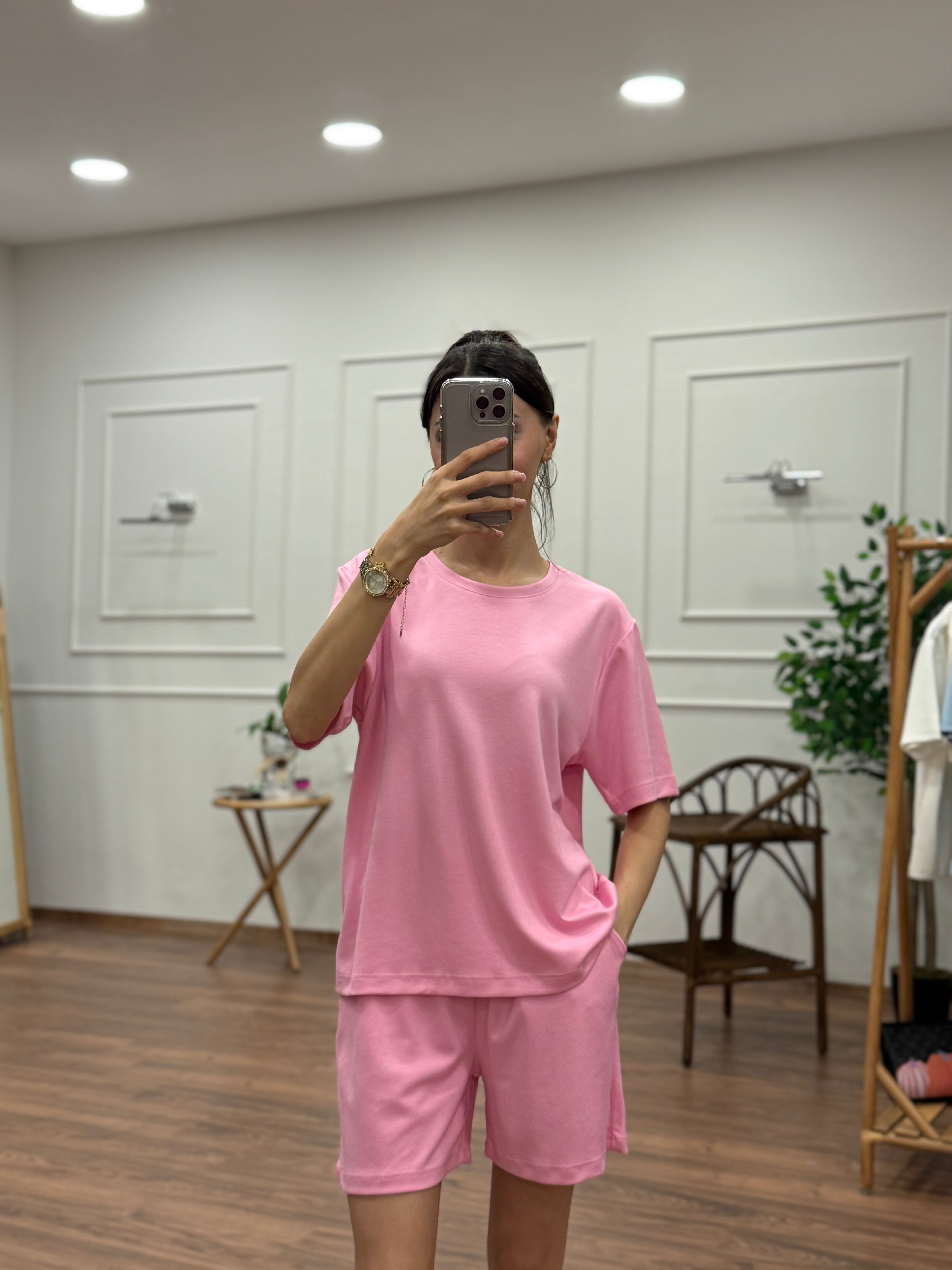 Modal Kumaş Oversize Bluz Şortlu Takım Toz Pembe