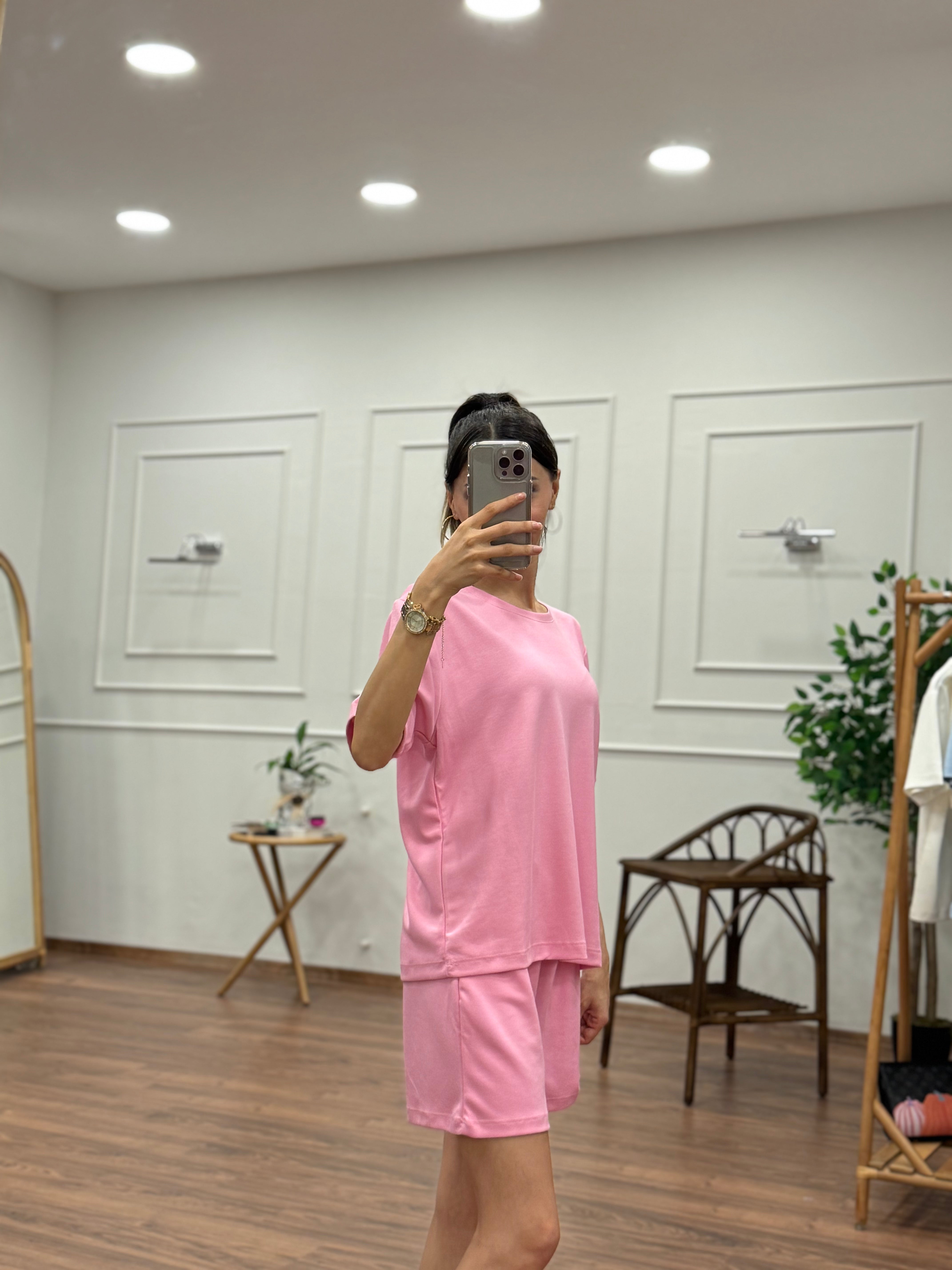 Modal Kumaş Oversize Bluz Şortlu Takım Toz Pembe