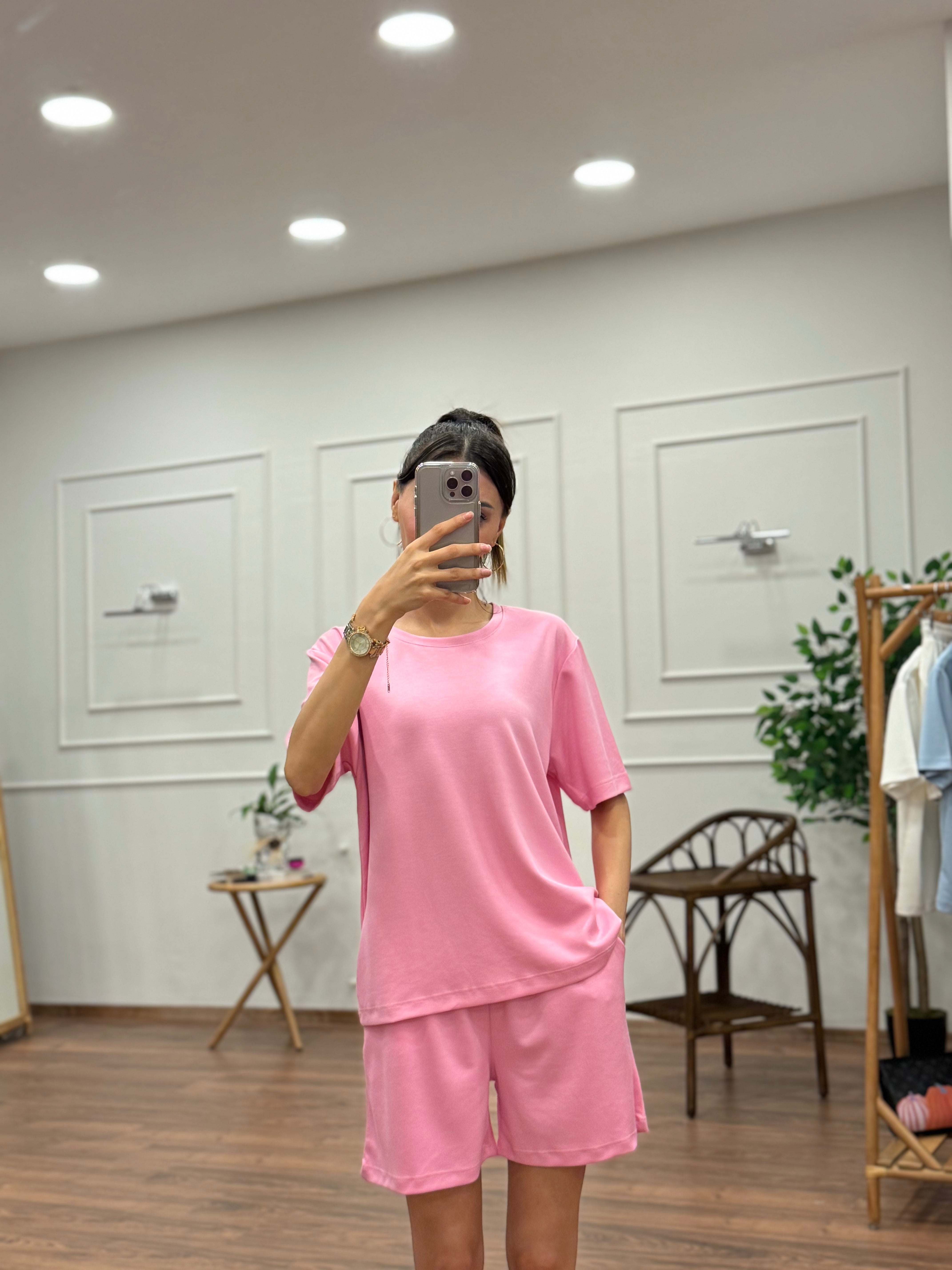 Modal Kumaş Oversize Bluz Şortlu Takım Toz Pembe