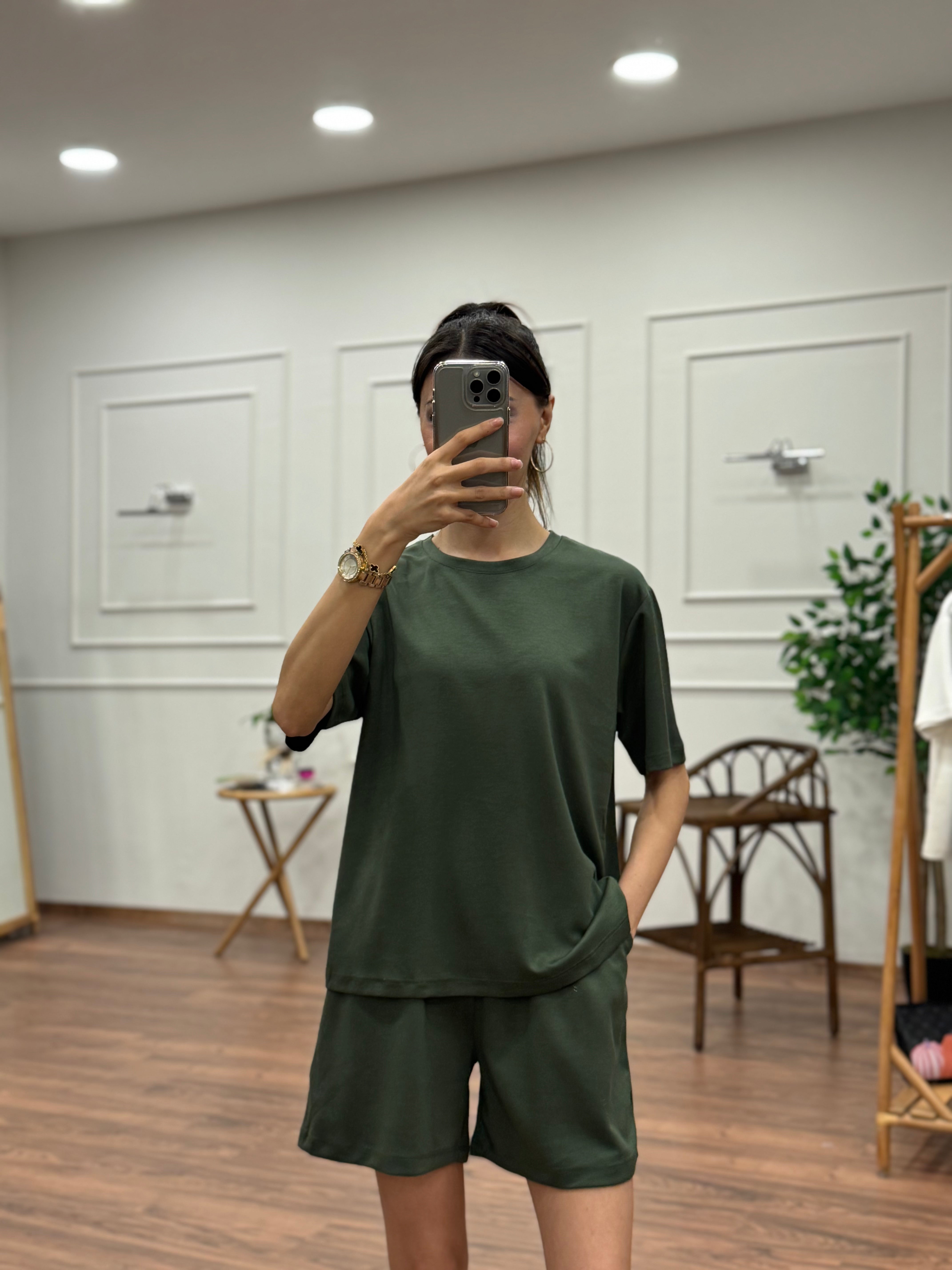 Modal Kumaş Oversize Bluz Şortlu Takım Haki