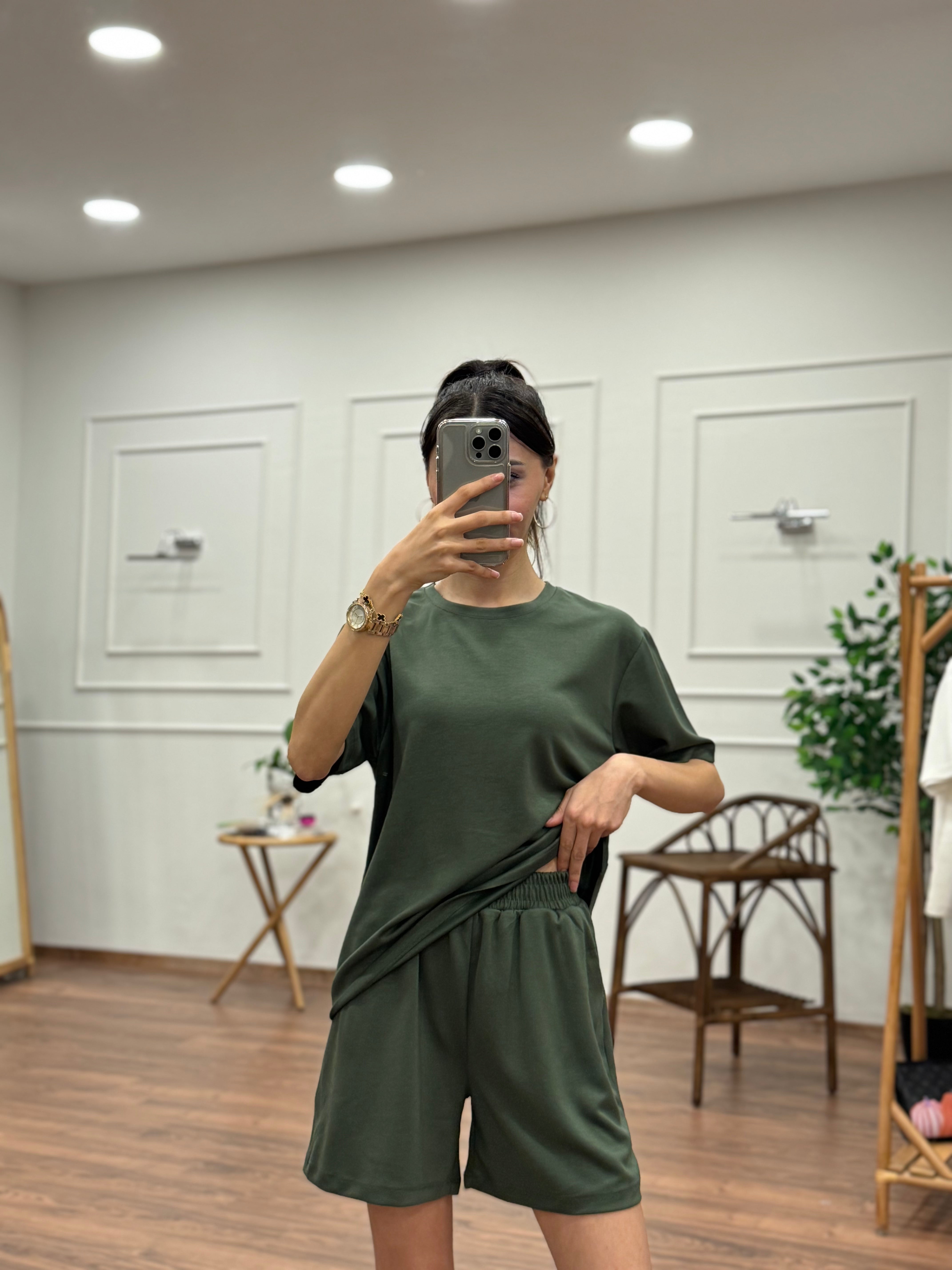 Modal Kumaş Oversize Bluz Şortlu Takım Haki