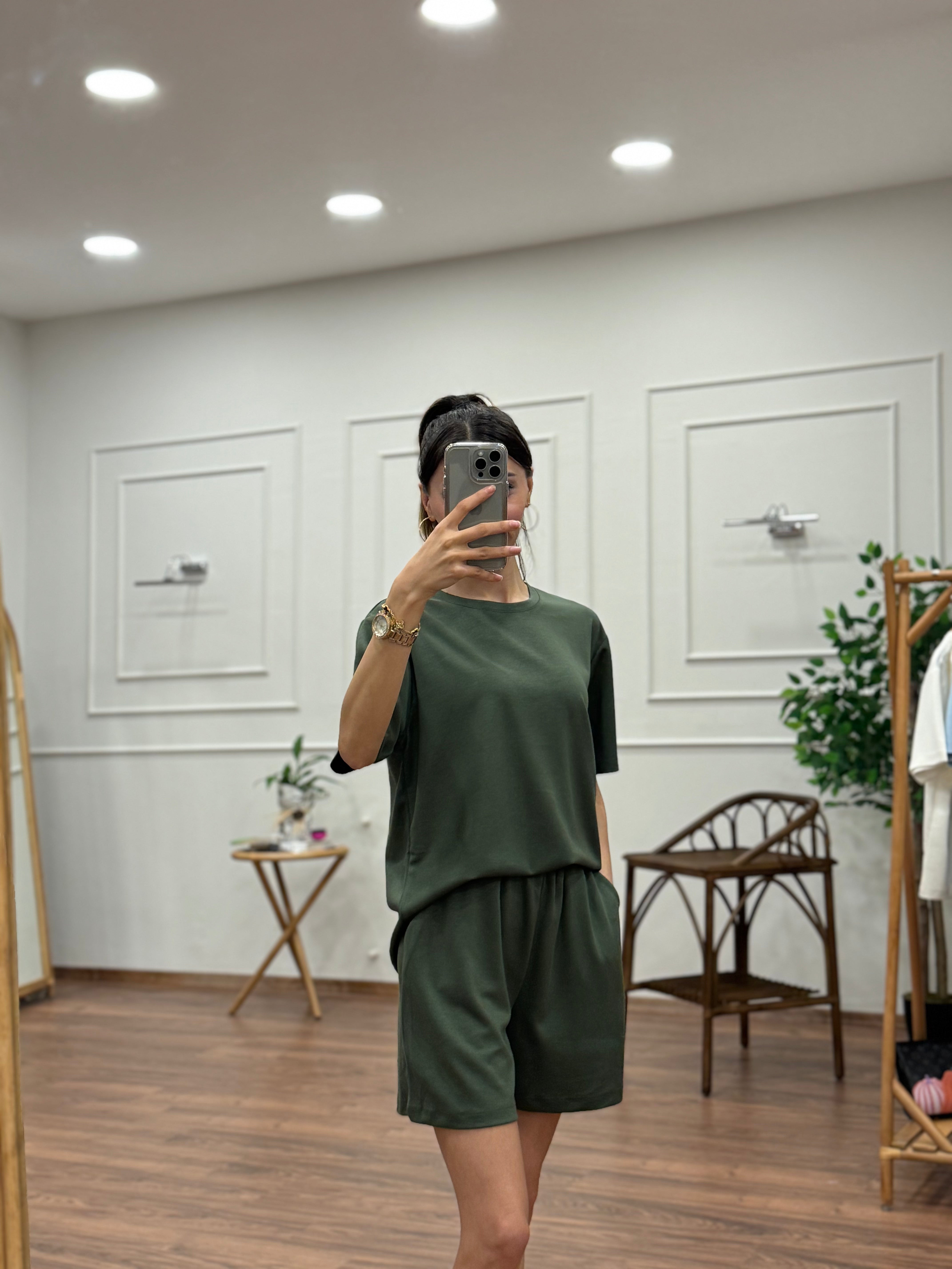 Modal Kumaş Oversize Bluz Şortlu Takım Haki