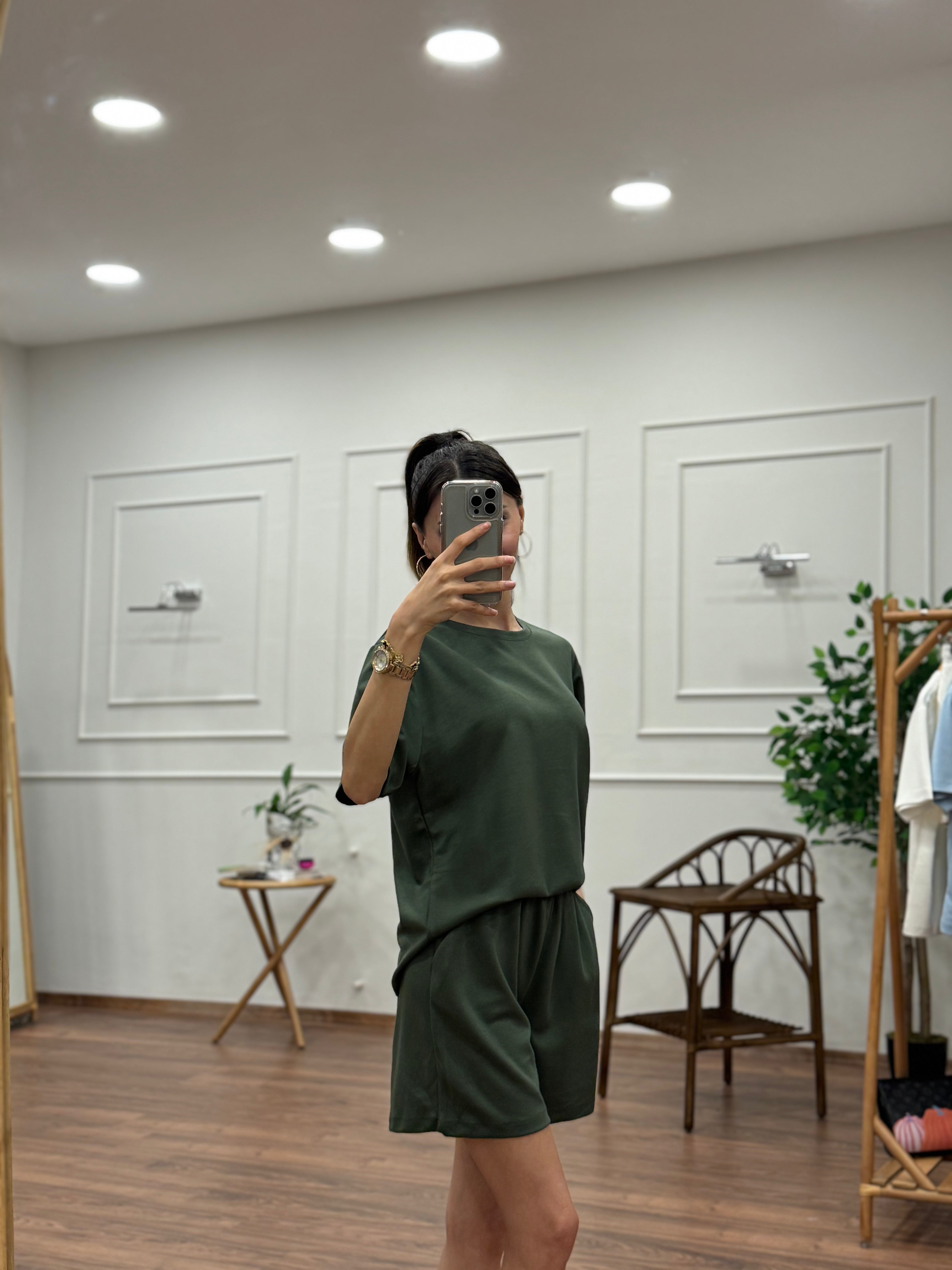 Modal Kumaş Oversize Bluz Şortlu Takım Haki