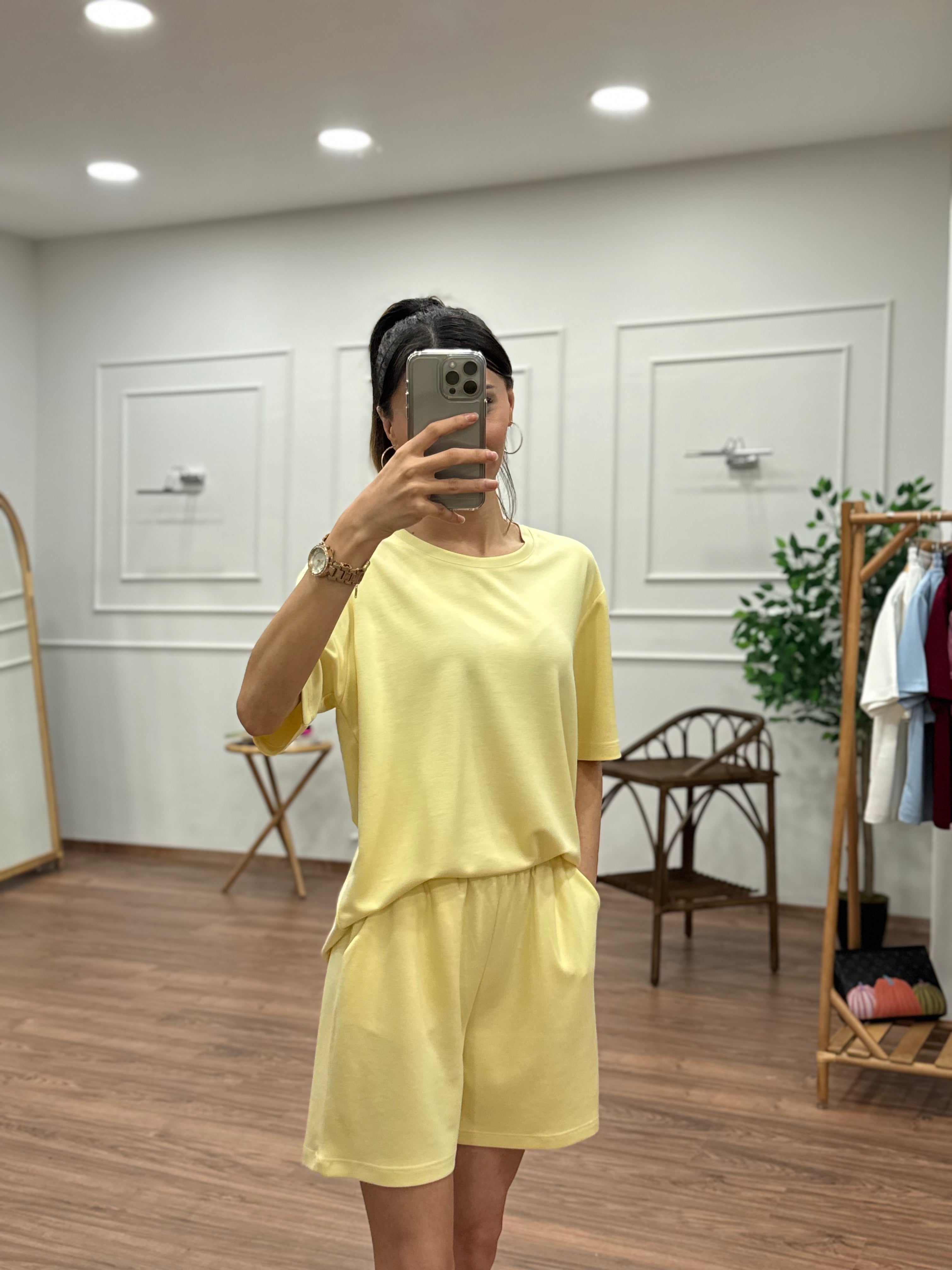 Modal Kumaş Oversize Bluz Şortlu Takım Sarı
