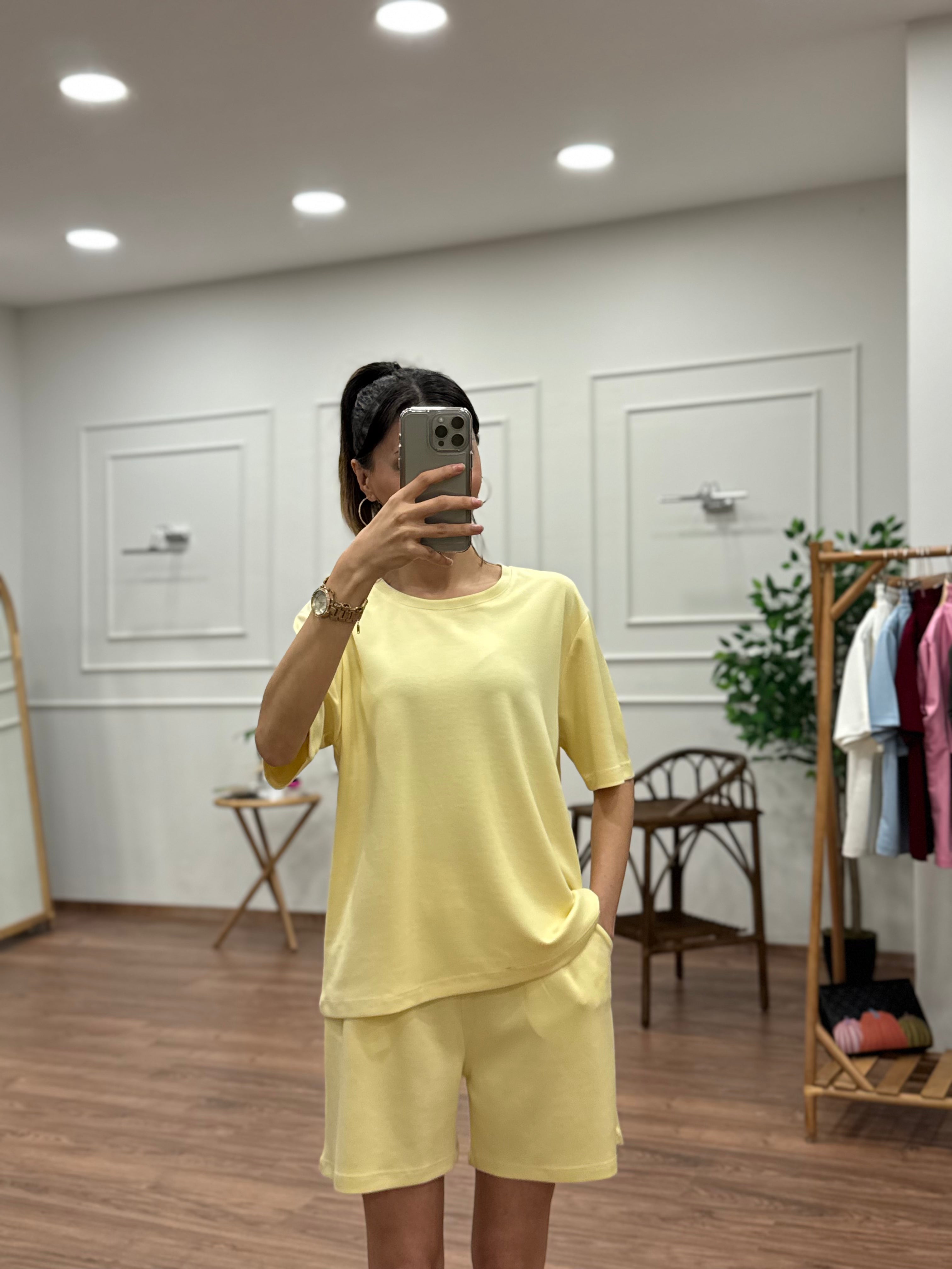 Modal Kumaş Oversize Bluz Şortlu Takım Sarı