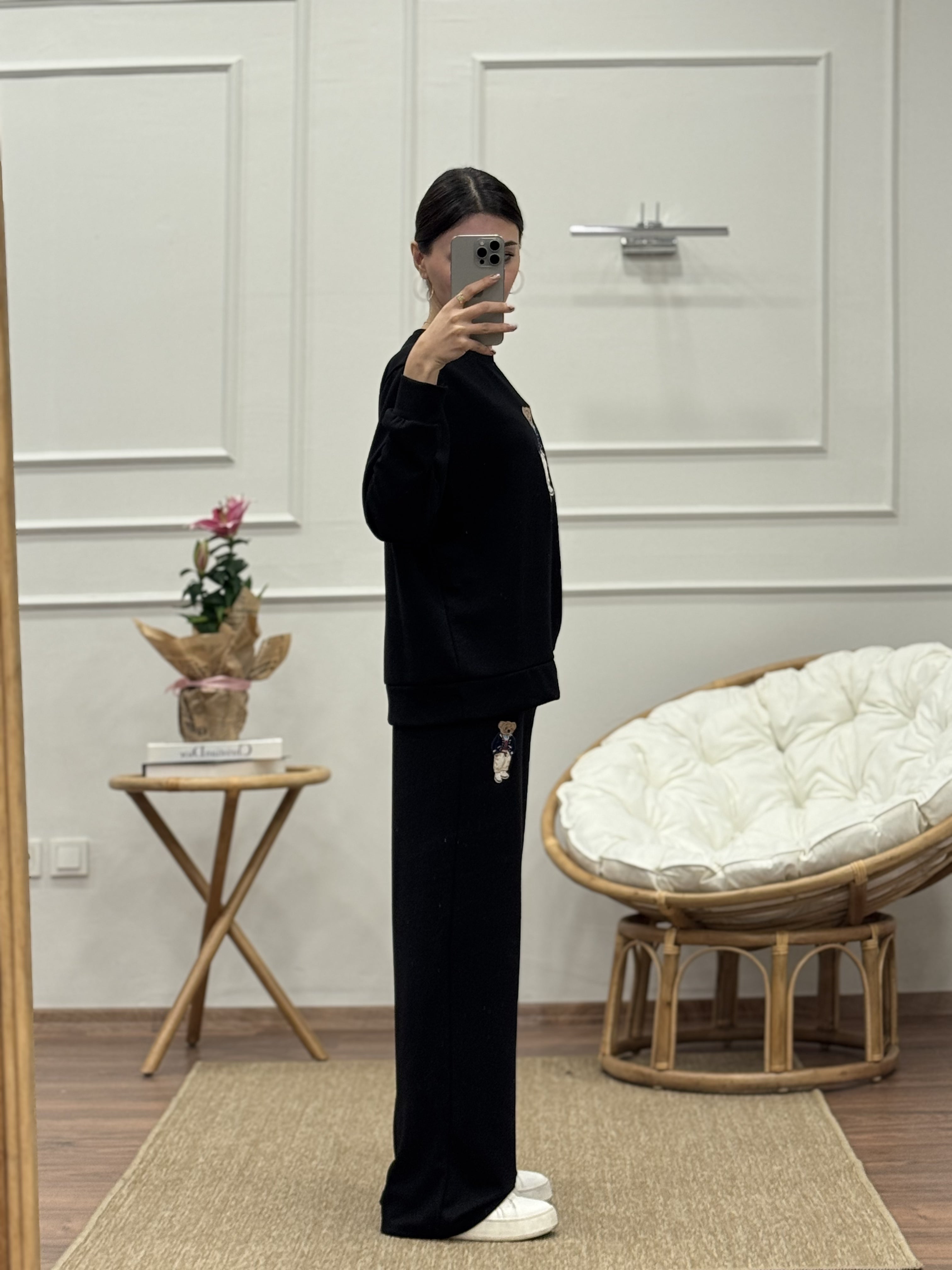 Ayıcık Nakışlı Oys Kumaş Siyah Bluz Pantolon Takım