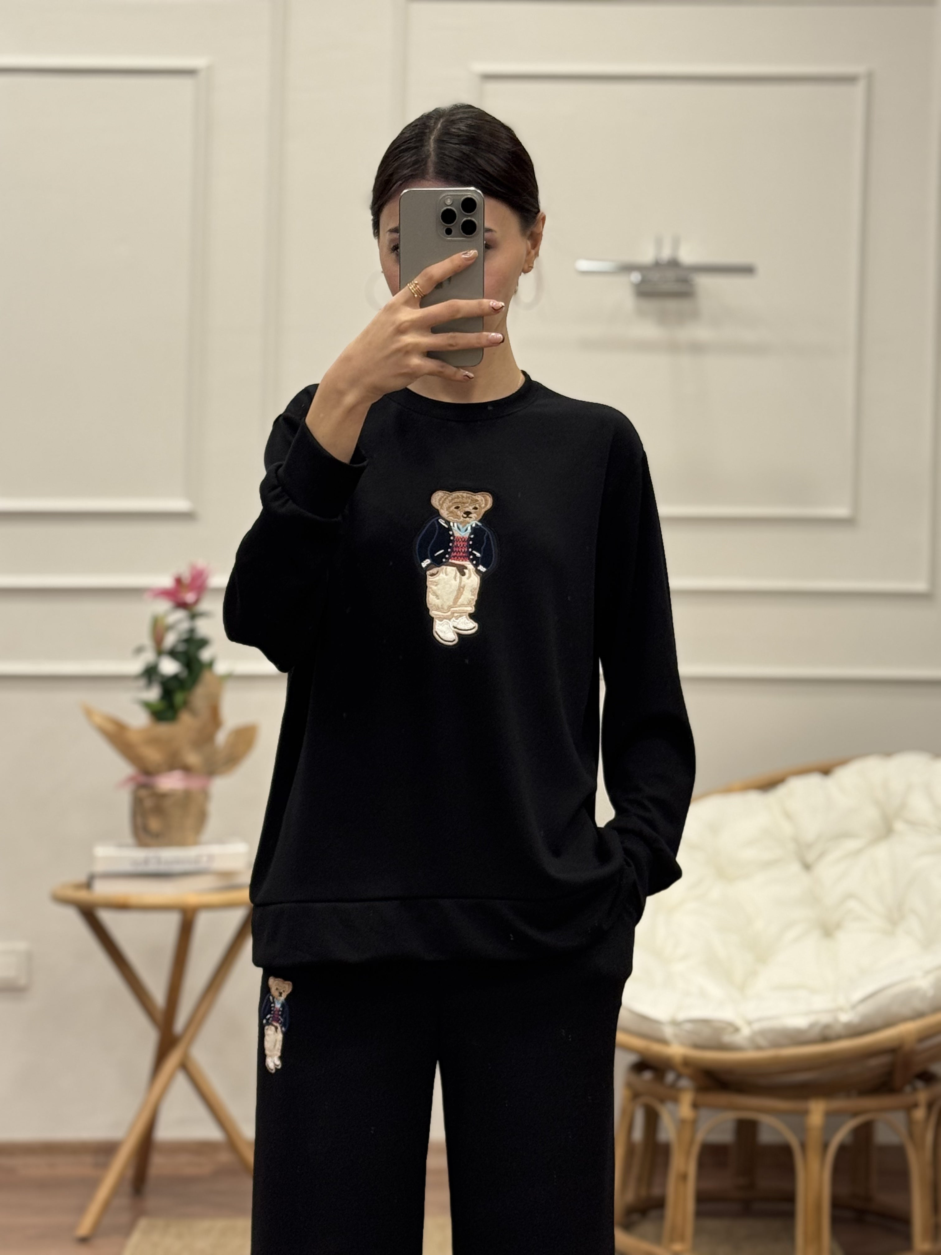 Ayıcık Nakışlı Oys Kumaş Siyah Bluz Pantolon Takım