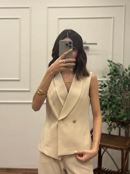 Layla Premium Asimetrik Kesim Krem Yelek