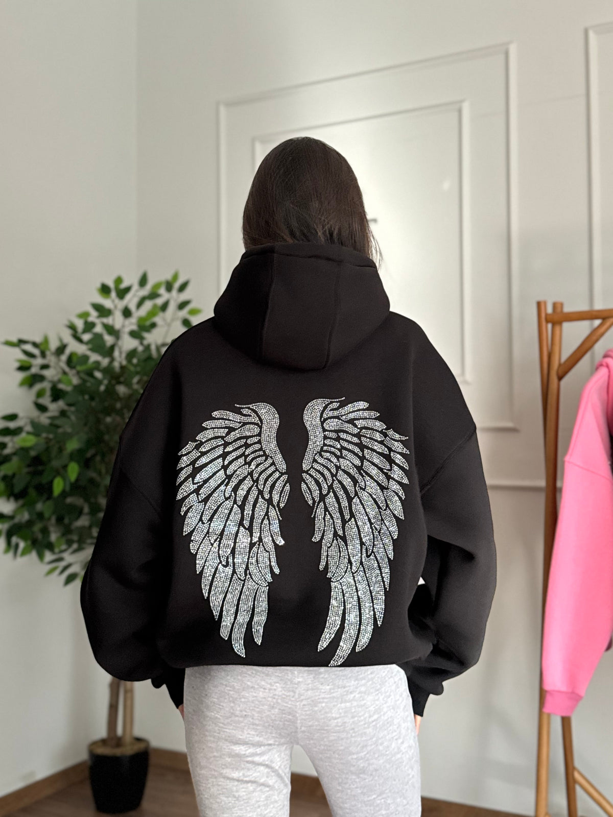 Taş Baskı Angel Wings Siyah Sweatshirt