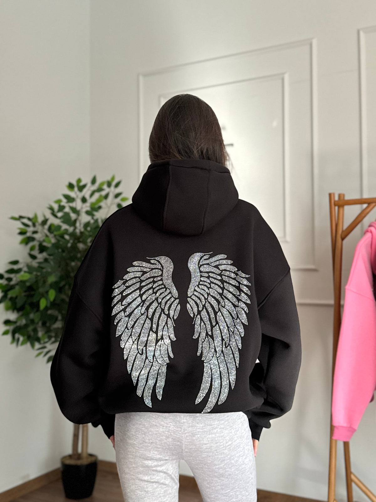 Taş Baskı Angel Wings Siyah Sweatshirt