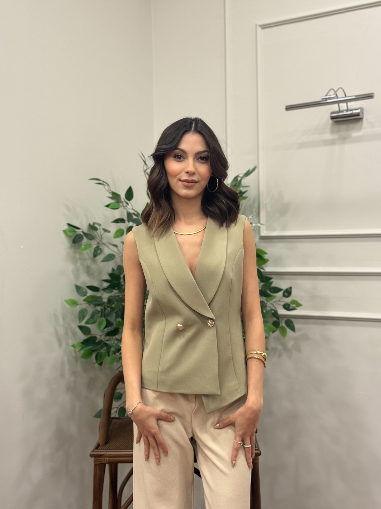 Layla Premium Asimetrik Kesim Haki Yelek