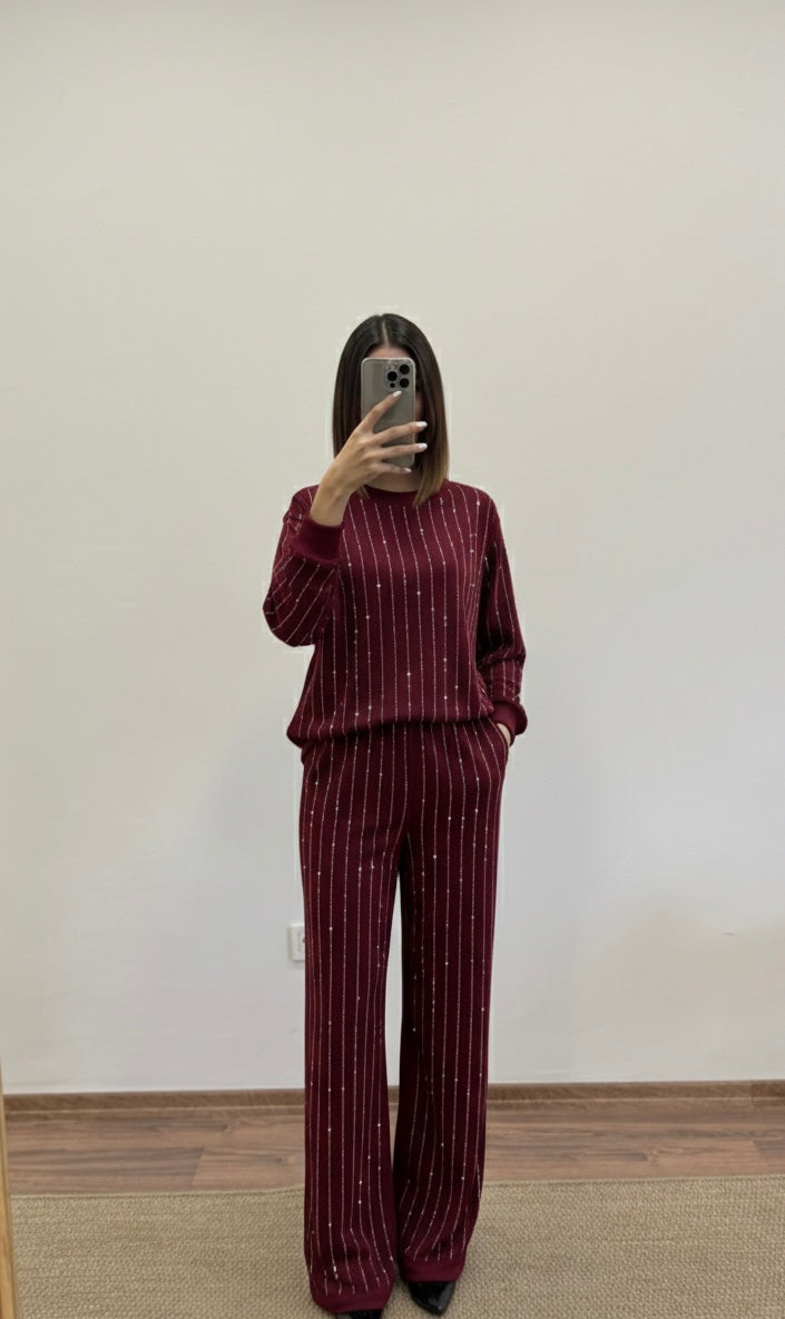 Çizgi Desen Taşlı Bordo Takım