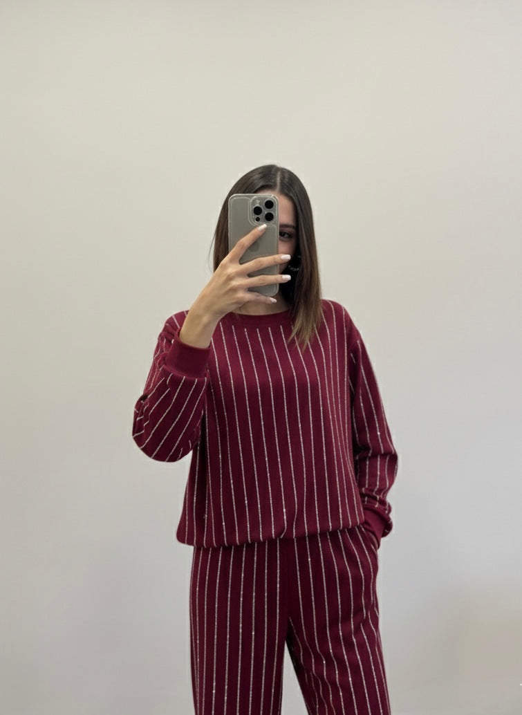 Çizgi Desen Taşlı Bordo Takım