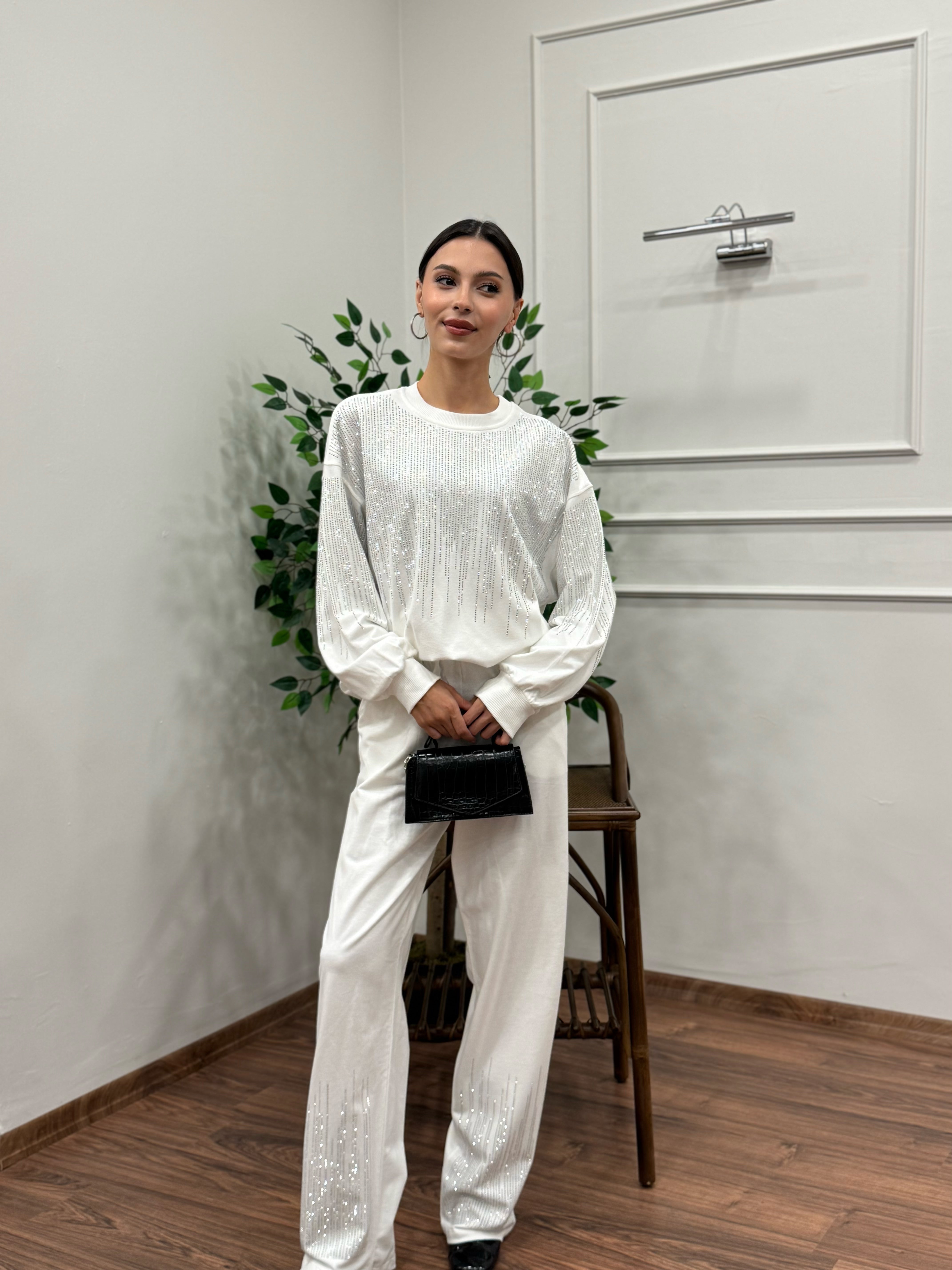 Saçak Taşlı Bluz Pantolon Beyaz Takım