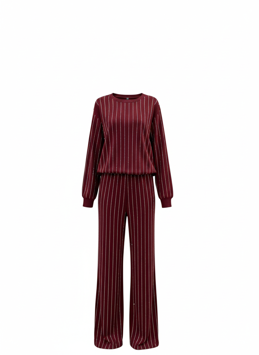 Çizgi Desen Taşlı Bordo Takım