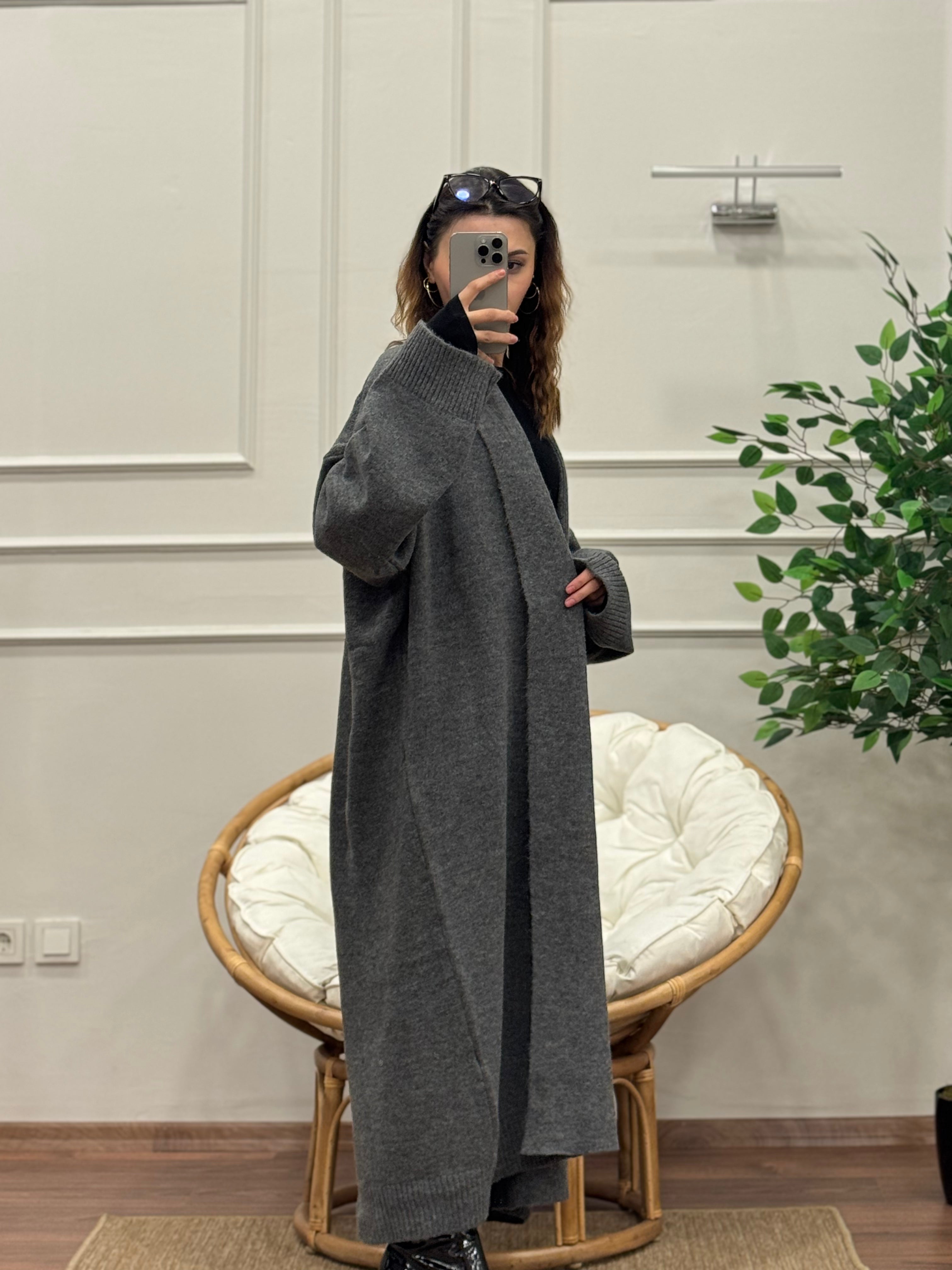 Şal Yaka Oversize Gri Uzun Hırka
