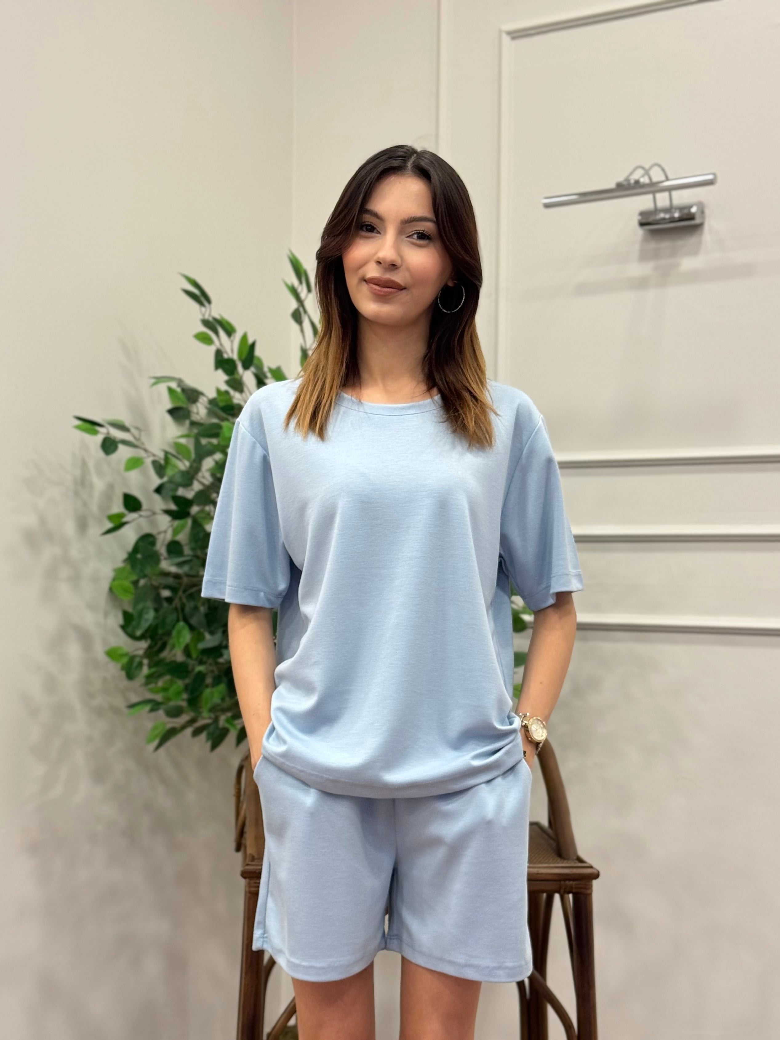 Modal Kumaş Oversize Bluz Şortlu Takım Bebe Mavi