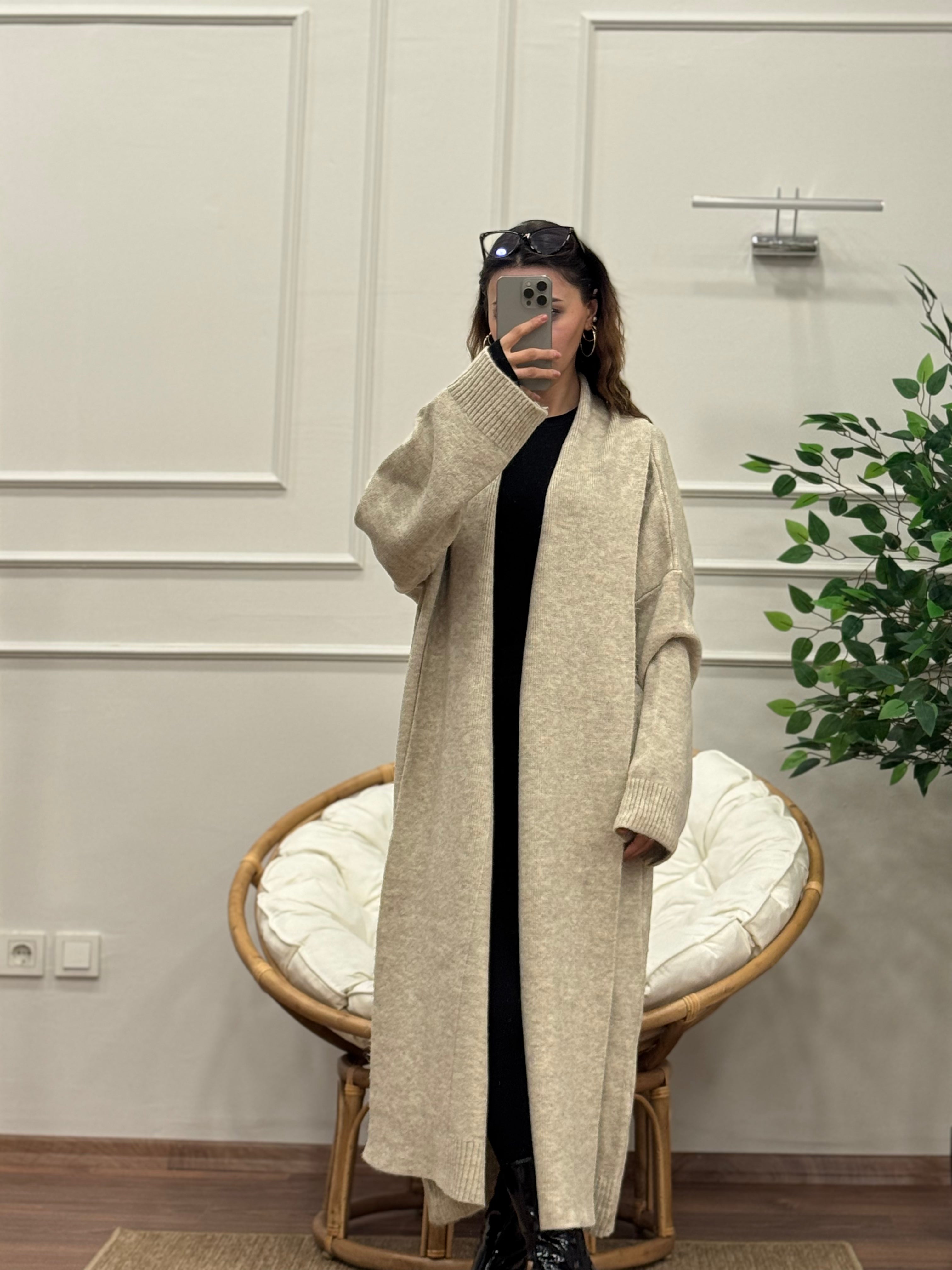 Şal Yaka Oversize Taş Uzun Hırka