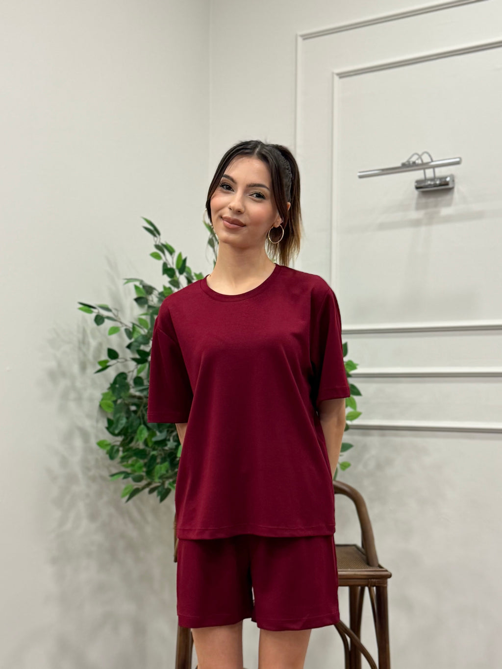 Modal Kumaş Oversize Bluz Şortlu Takım Bordo