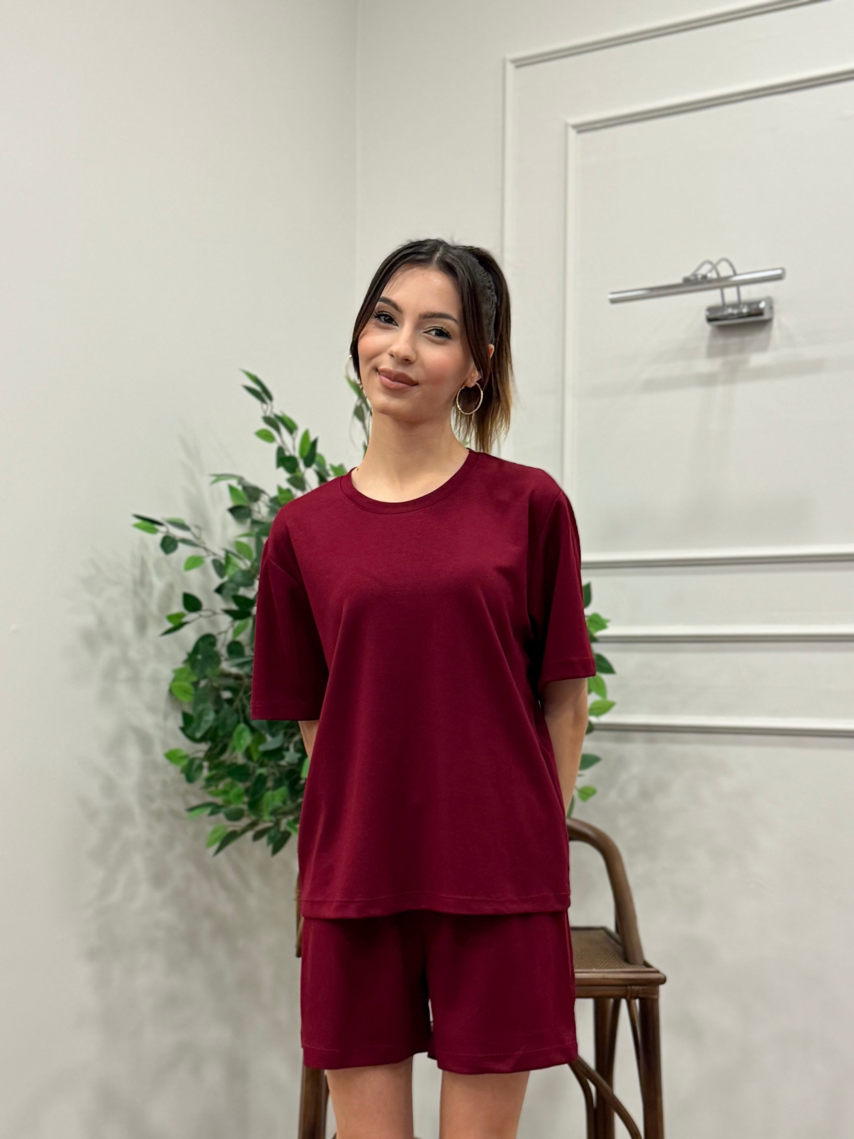 Modal Kumaş Oversize Bluz Şortlu Takım Bordo