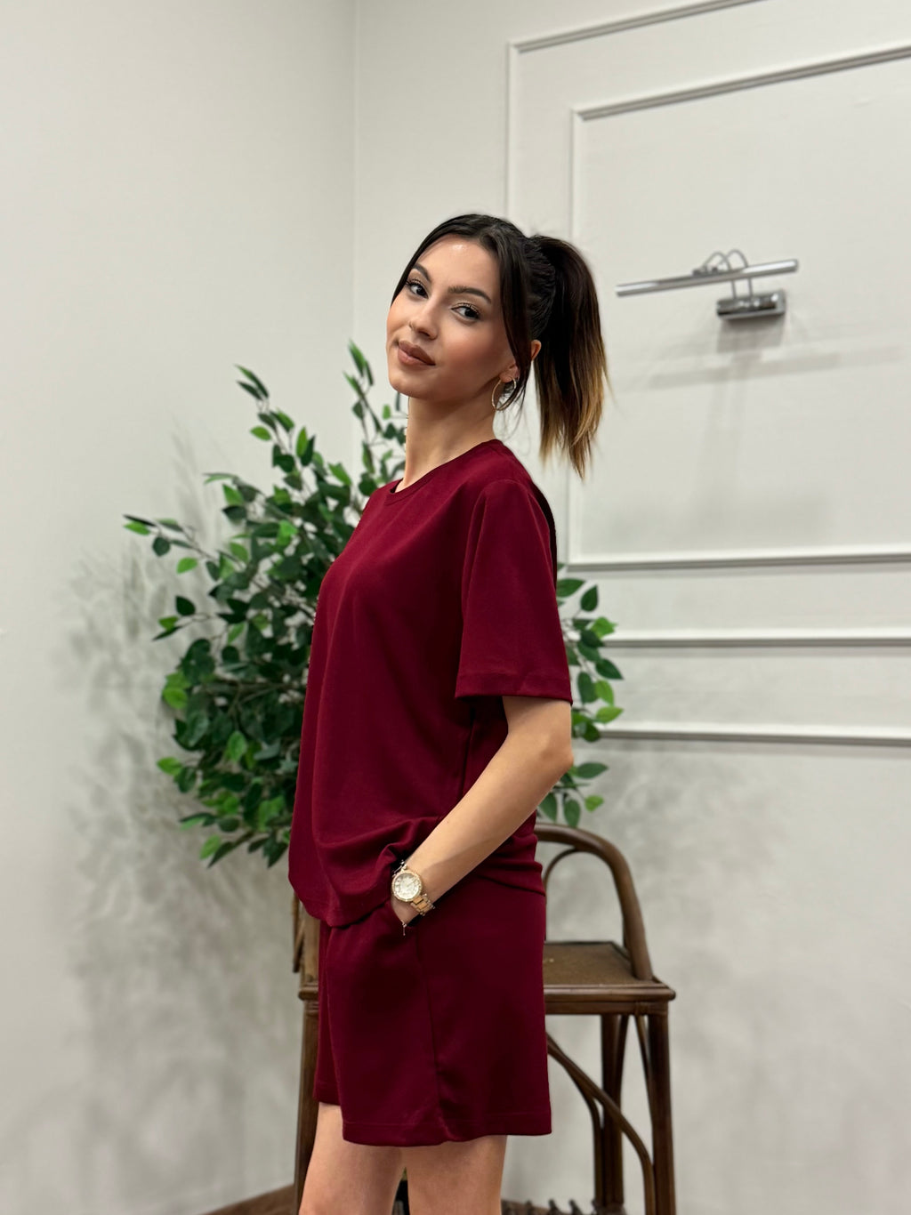 Modal Kumaş Oversize Bluz Şortlu Takım Bordo