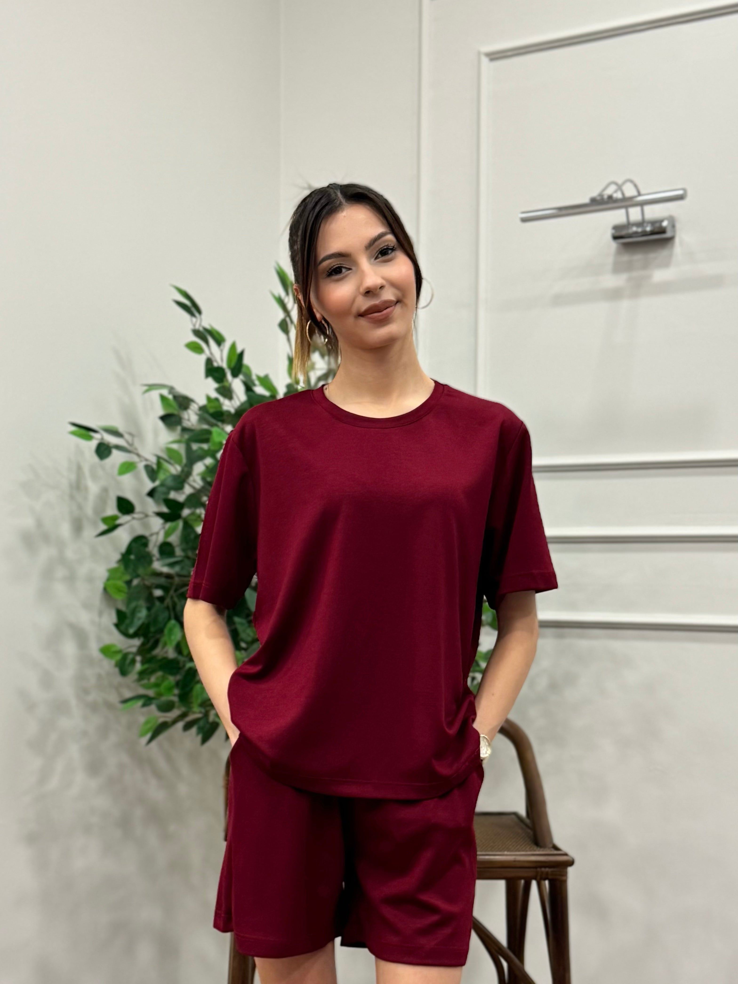 Modal Kumaş Oversize Bluz Şortlu Takım Bordo