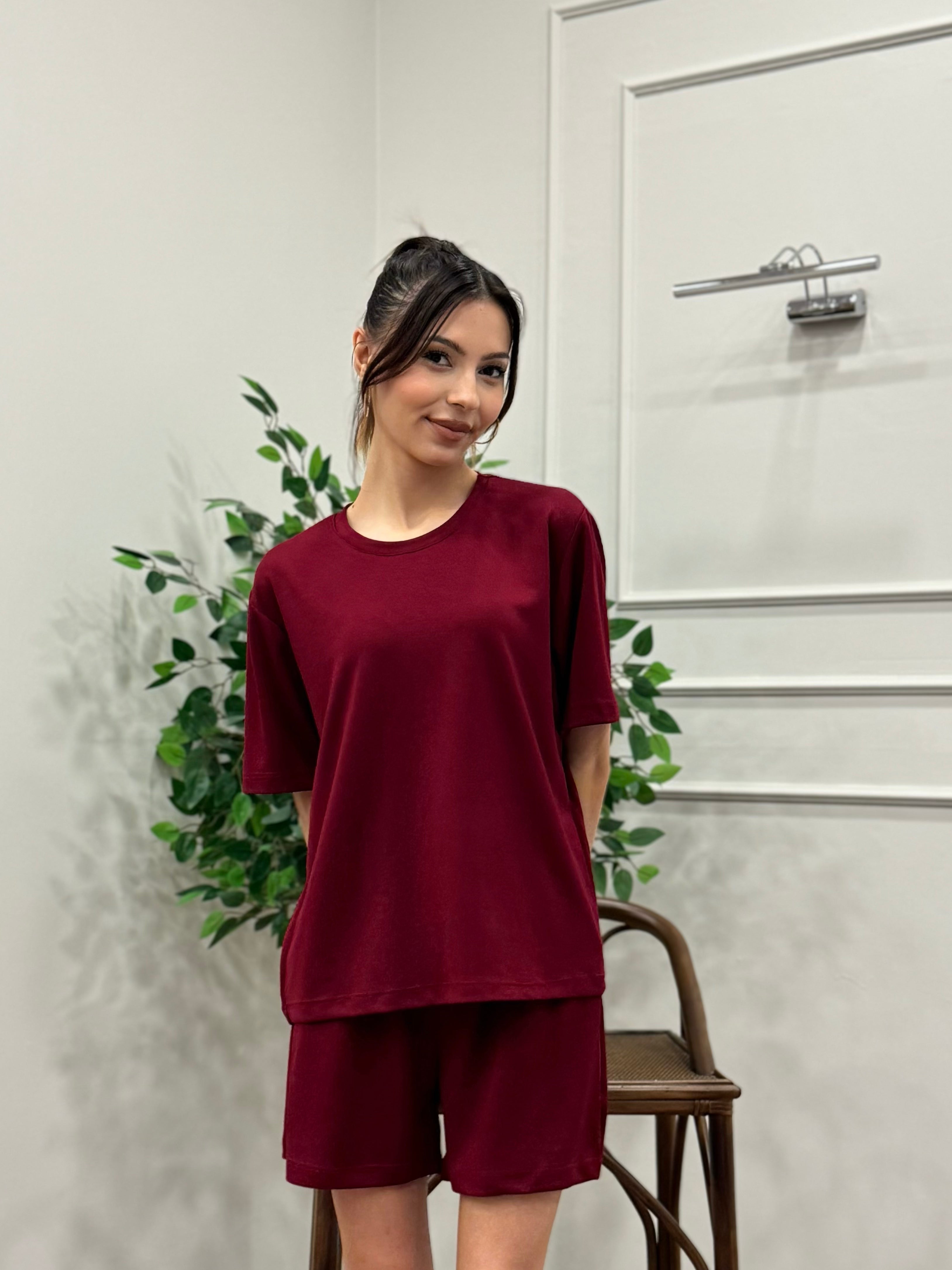 Modal Kumaş Oversize Bluz Şortlu Takım Bordo