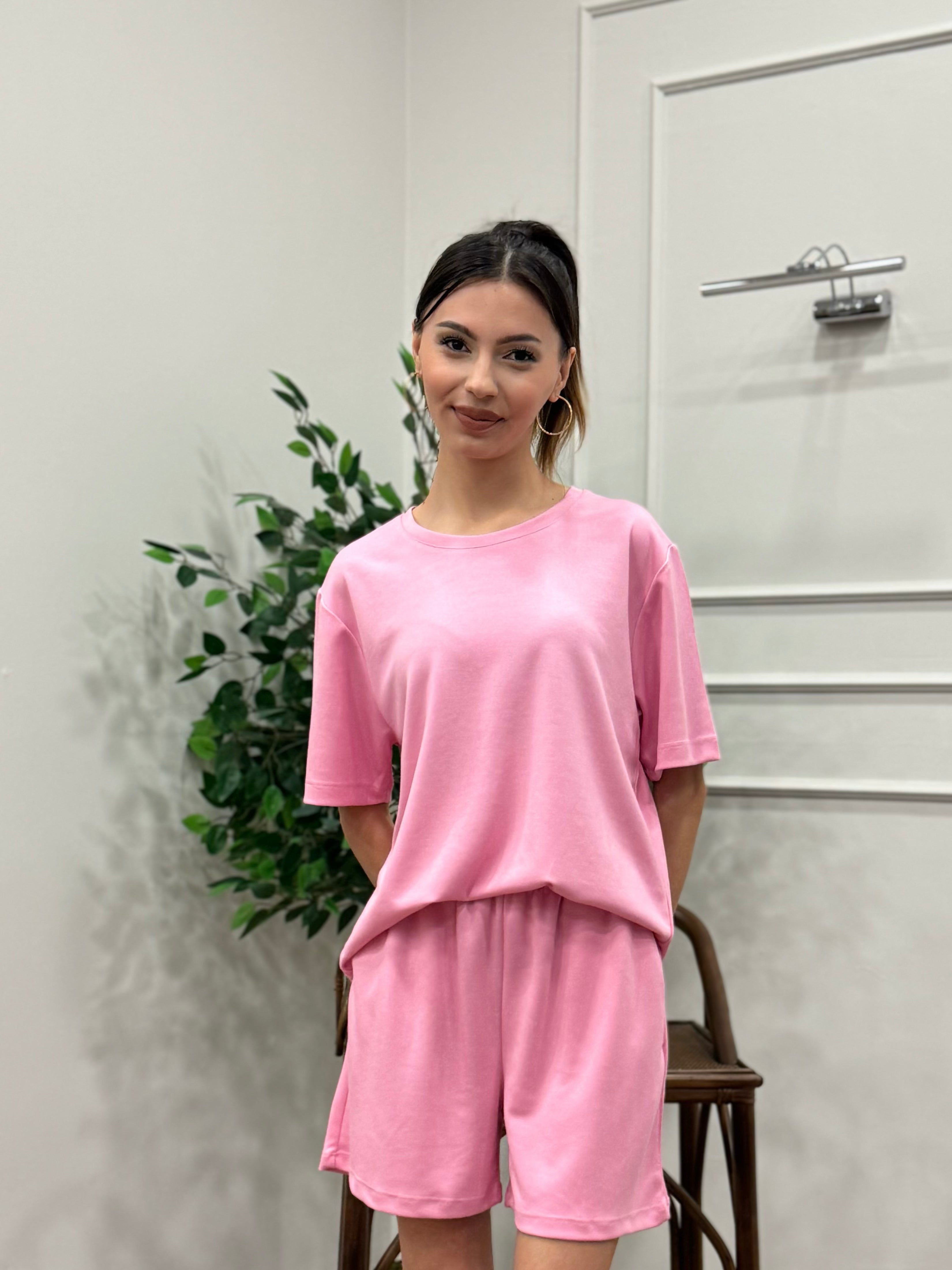 Modal Kumaş Oversize Bluz Şortlu Takım Toz Pembe