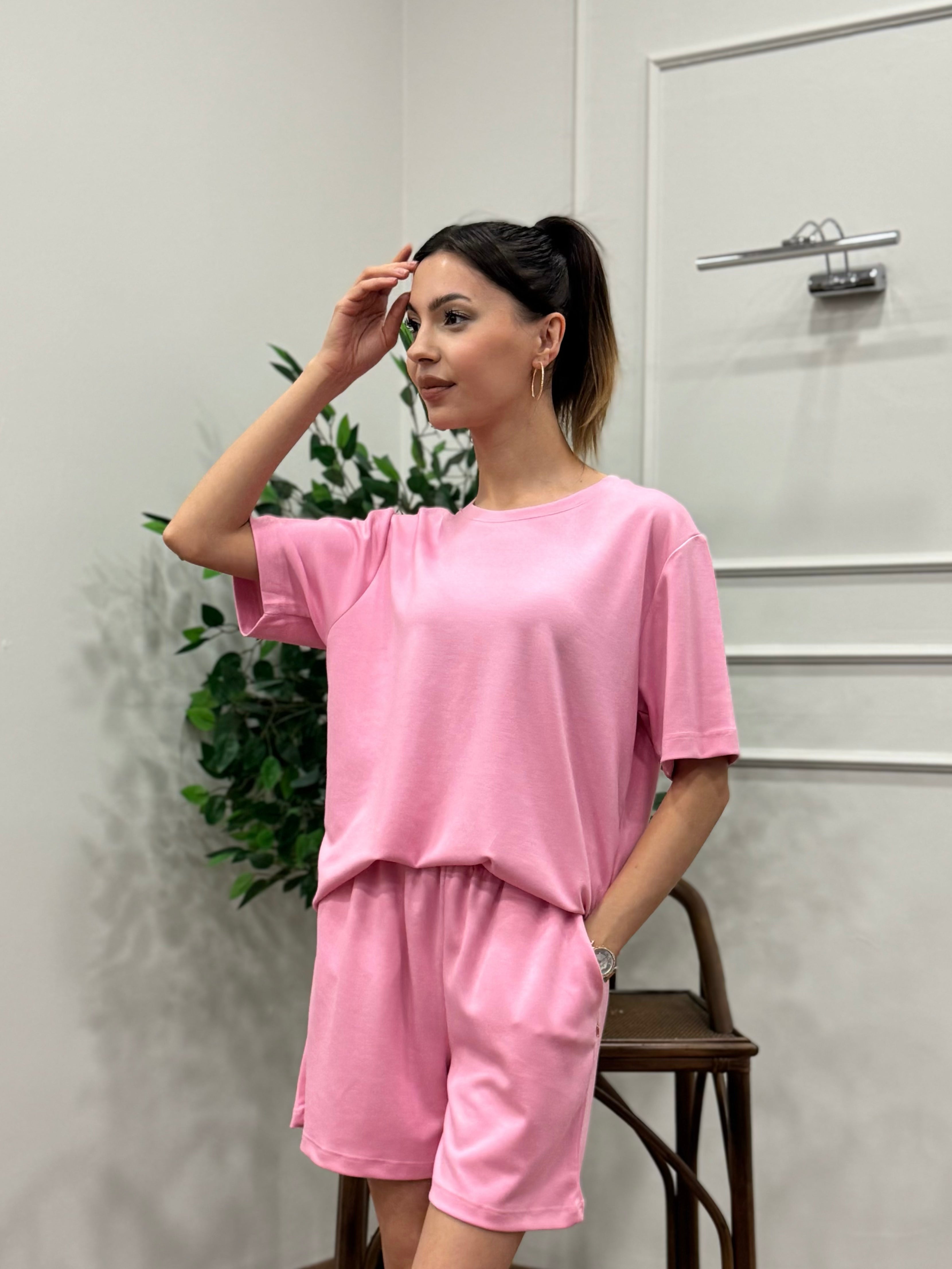 Modal Kumaş Oversize Bluz Şortlu Takım Toz Pembe