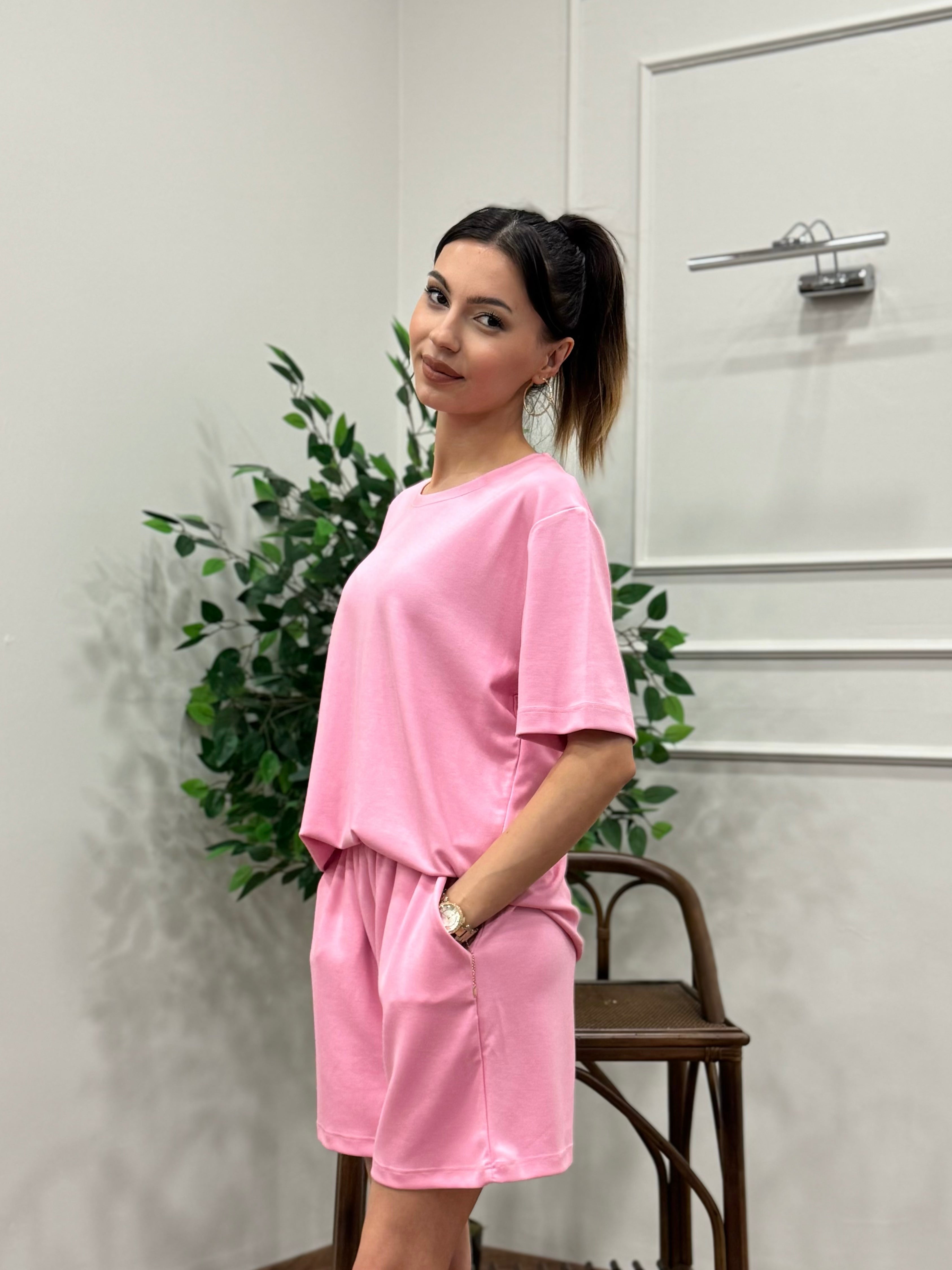 Modal Kumaş Oversize Bluz Şortlu Takım Toz Pembe
