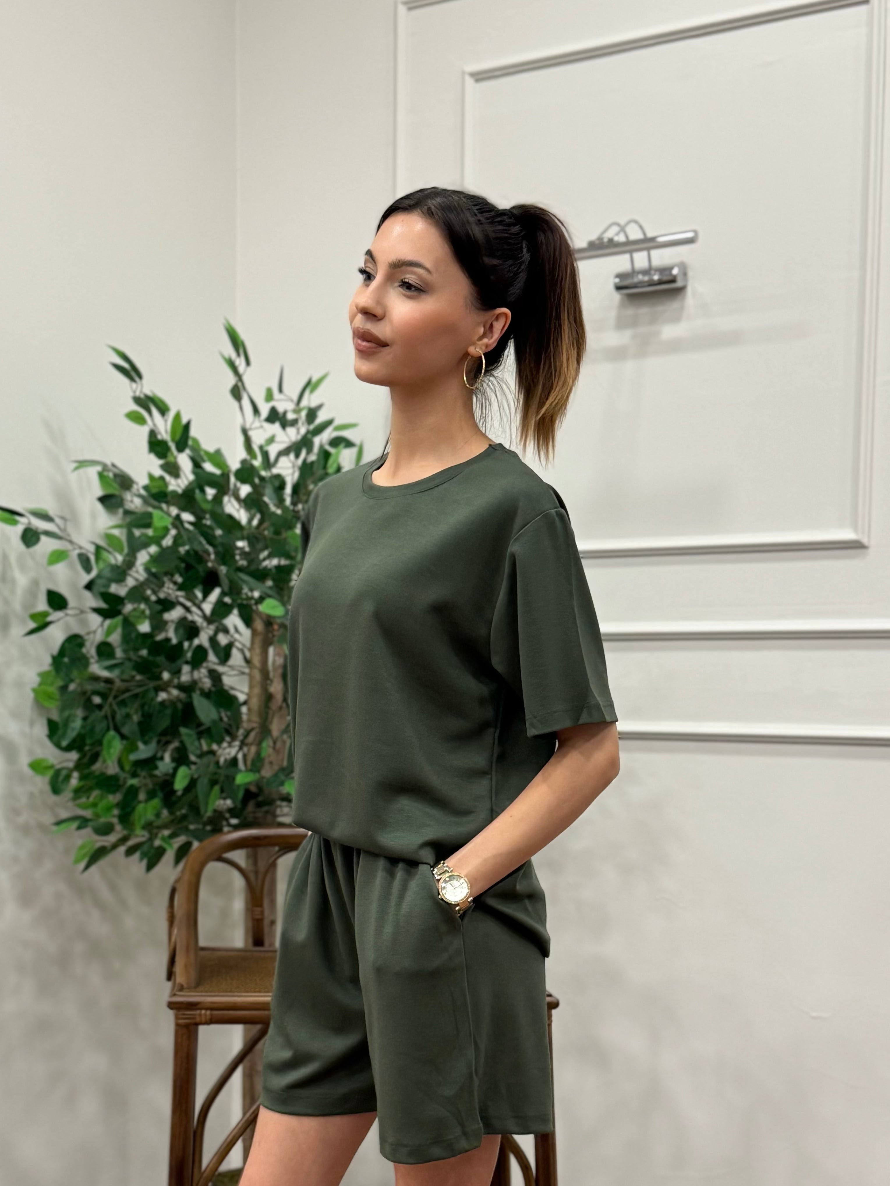 Modal Kumaş Oversize Bluz Şortlu Takım Haki