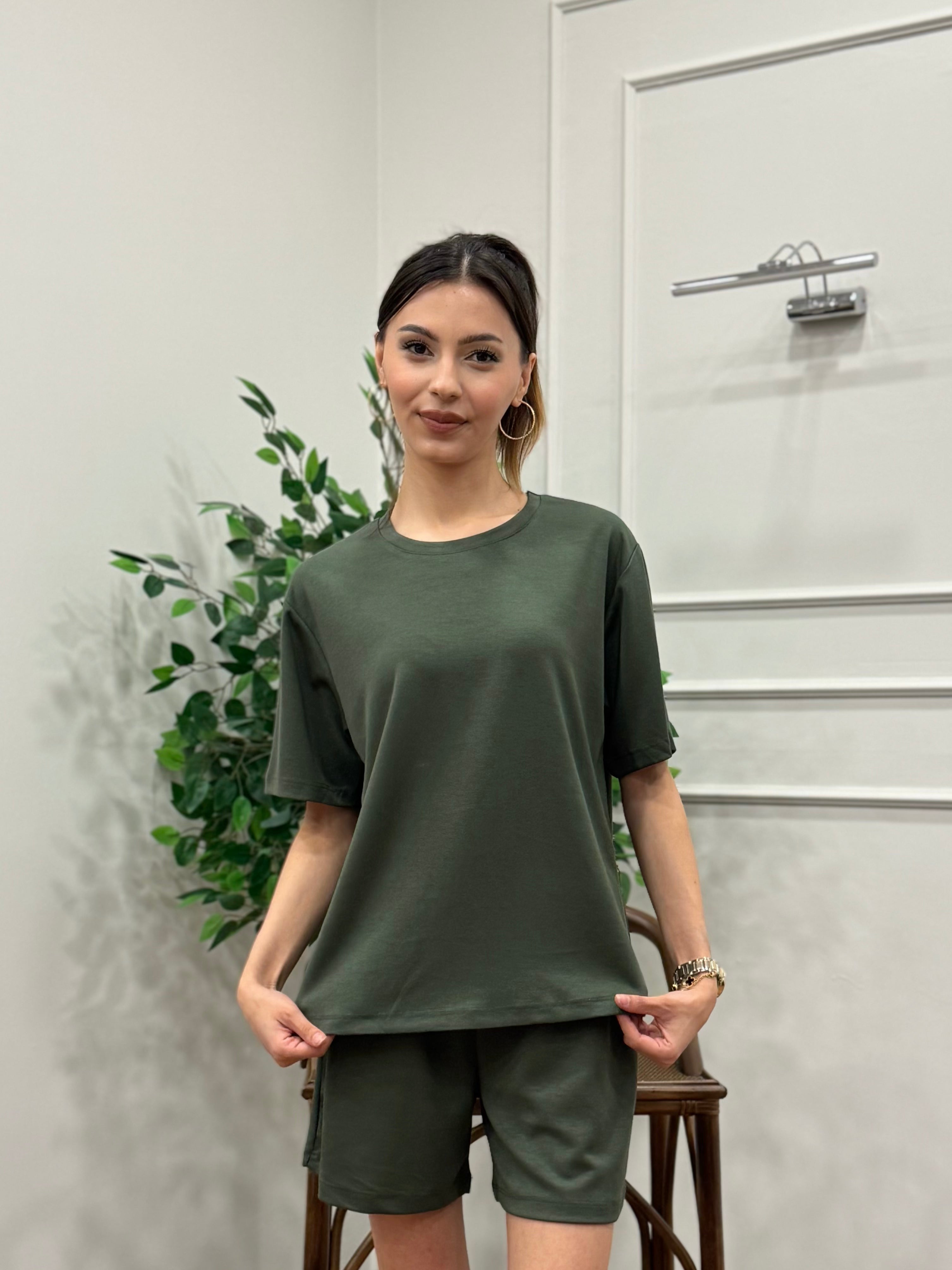 Modal Kumaş Oversize Bluz Şortlu Takım Haki