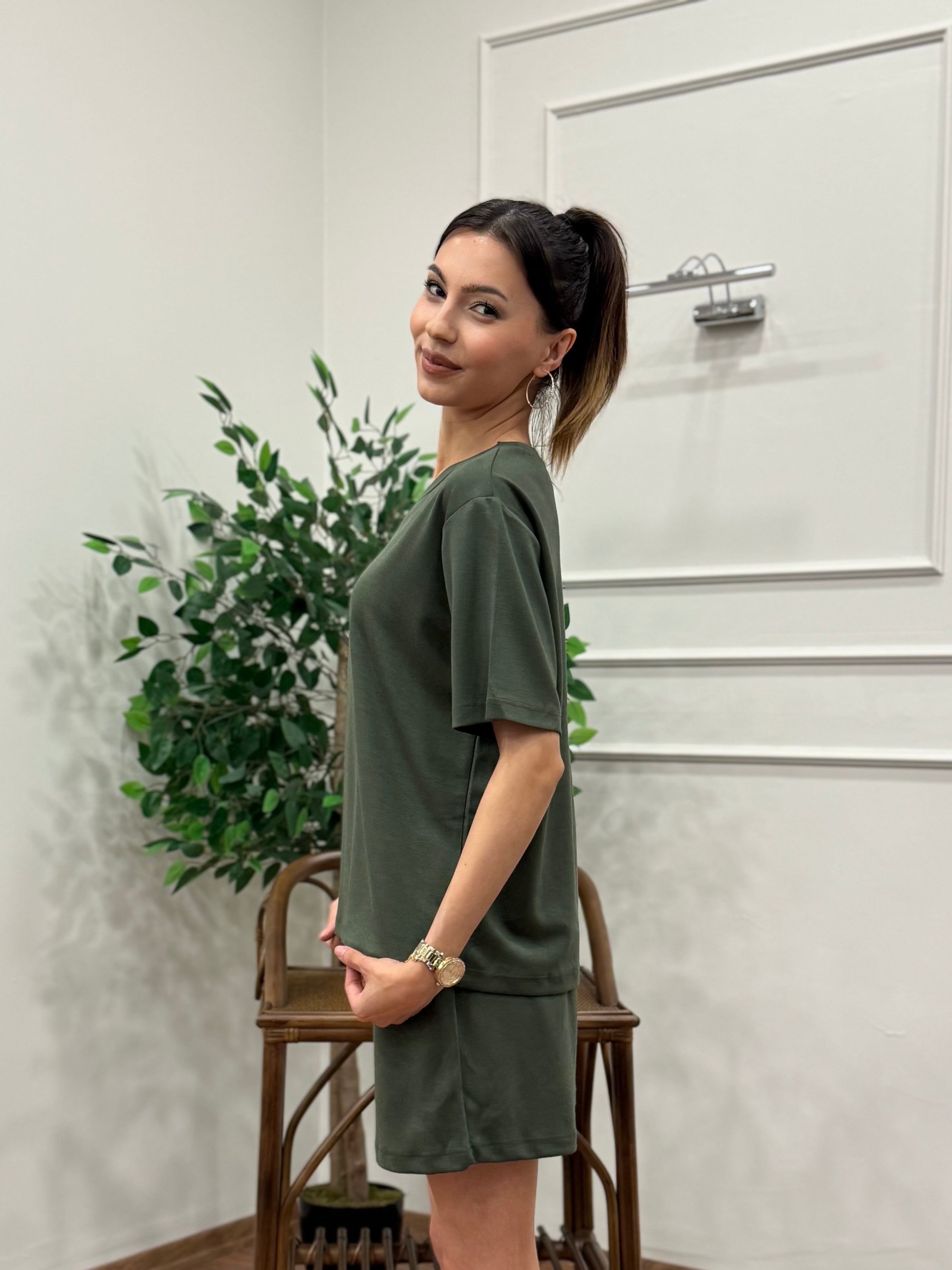 Modal Kumaş Oversize Bluz Şortlu Takım Haki