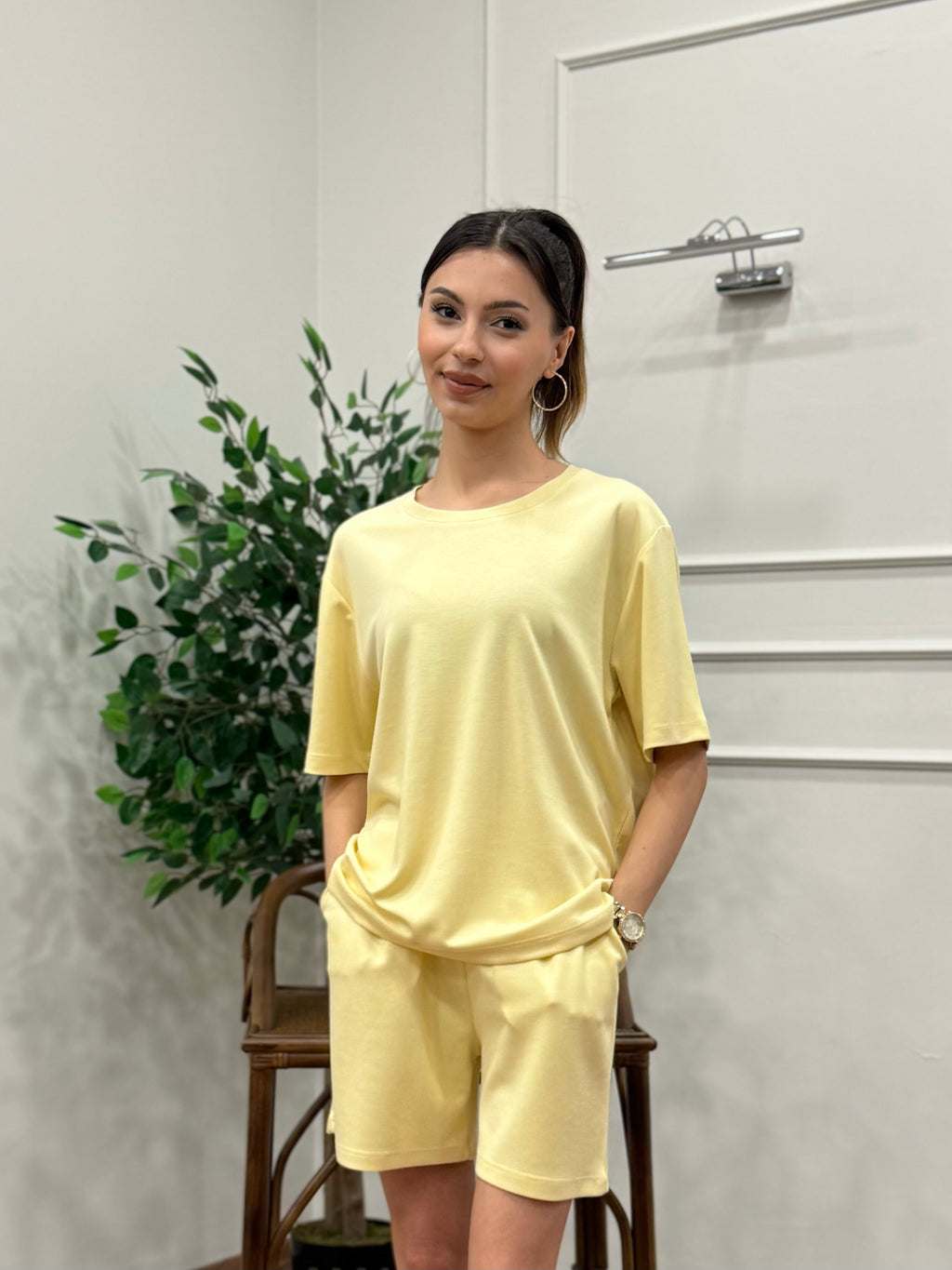 Modal Kumaş Oversize Bluz Şortlu Takım Sarı