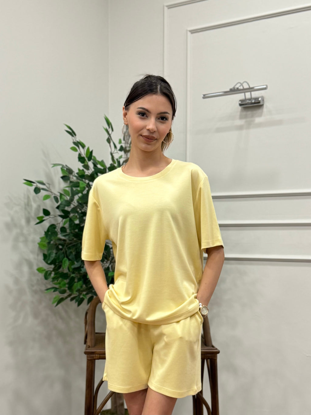 Modal Kumaş Oversize Bluz Şortlu Takım Sarı