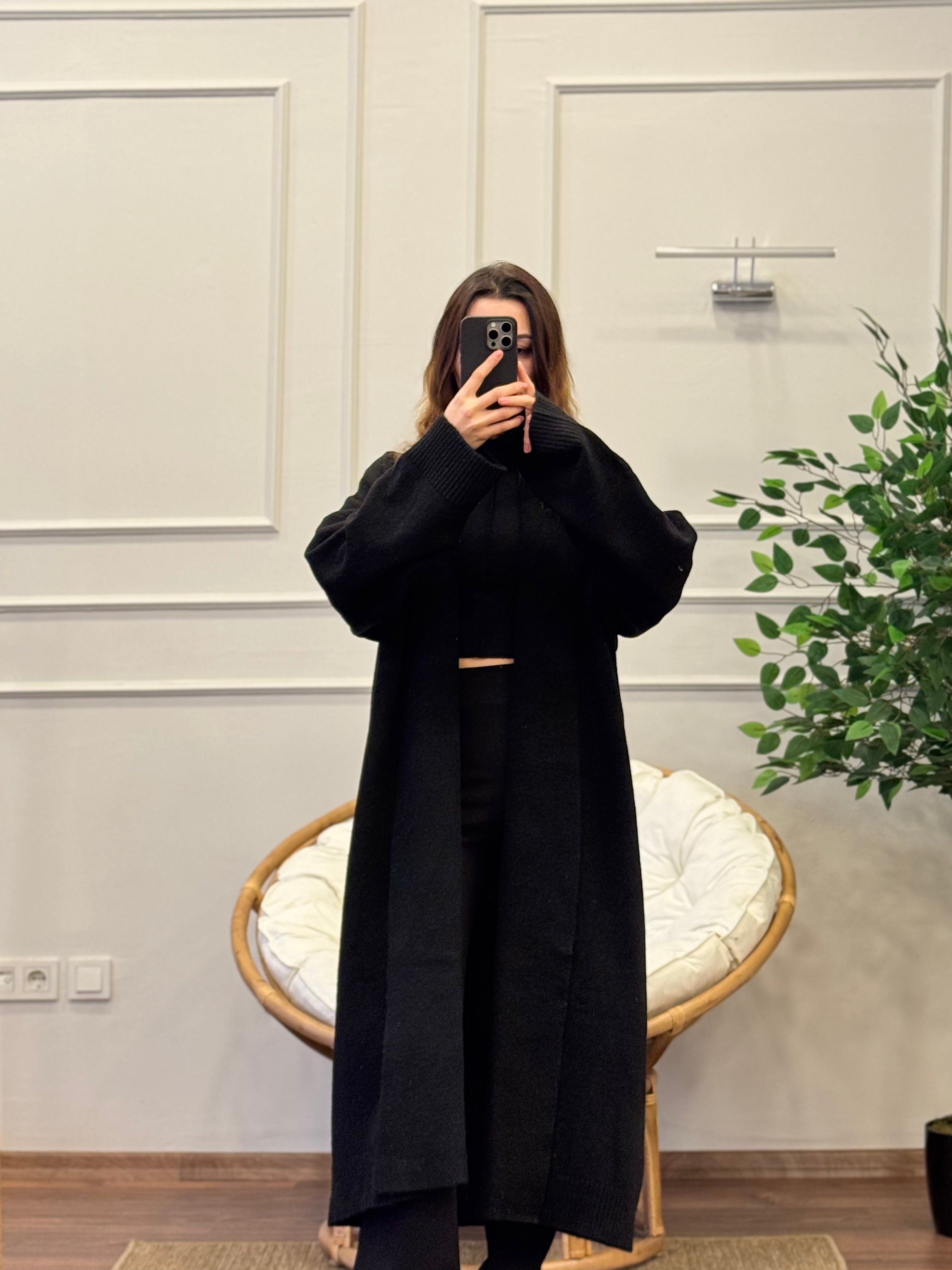 Şal Yaka Oversize Siyah Uzun Hırka