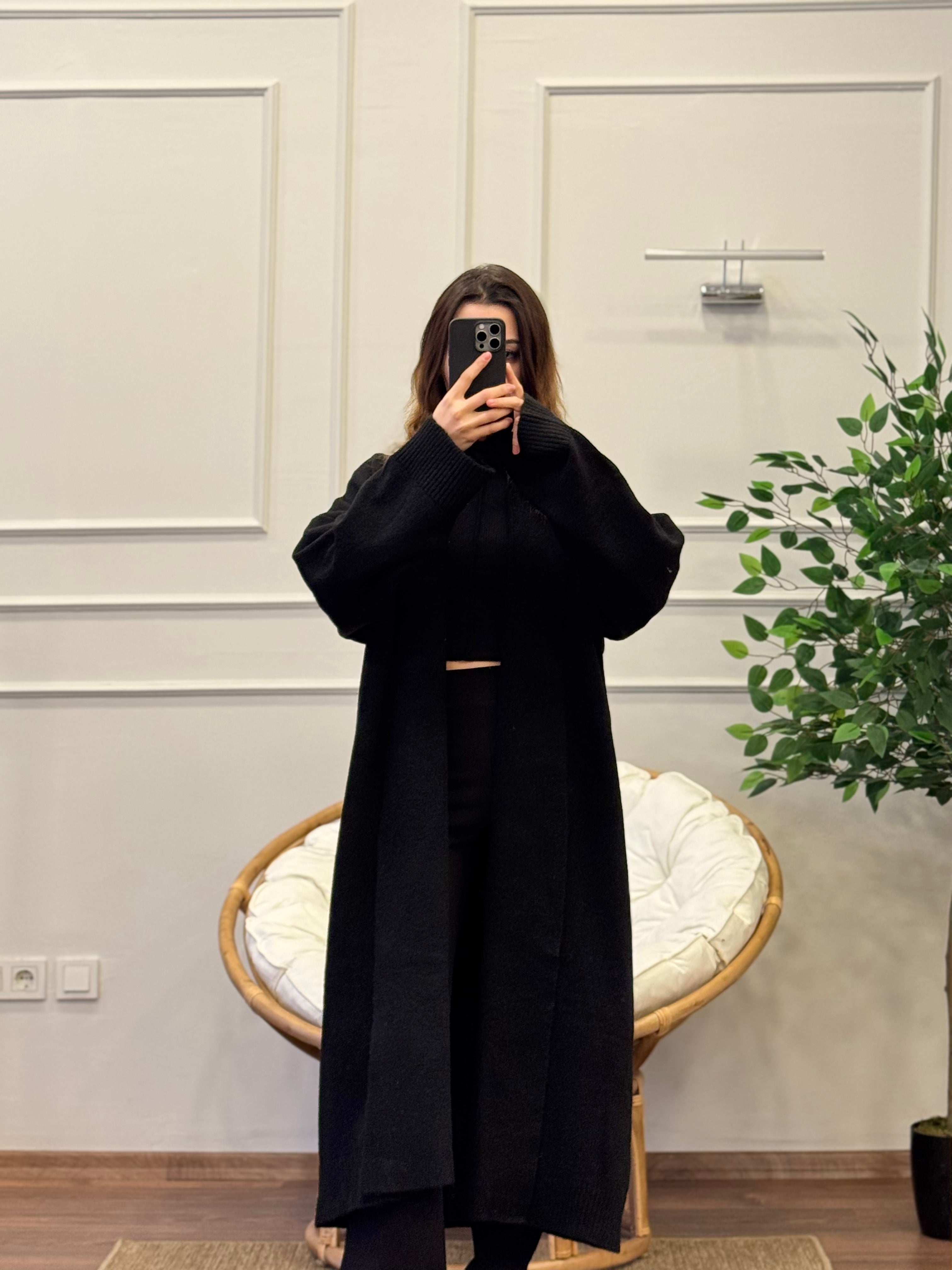 Şal Yaka Oversize Siyah Uzun Hırka